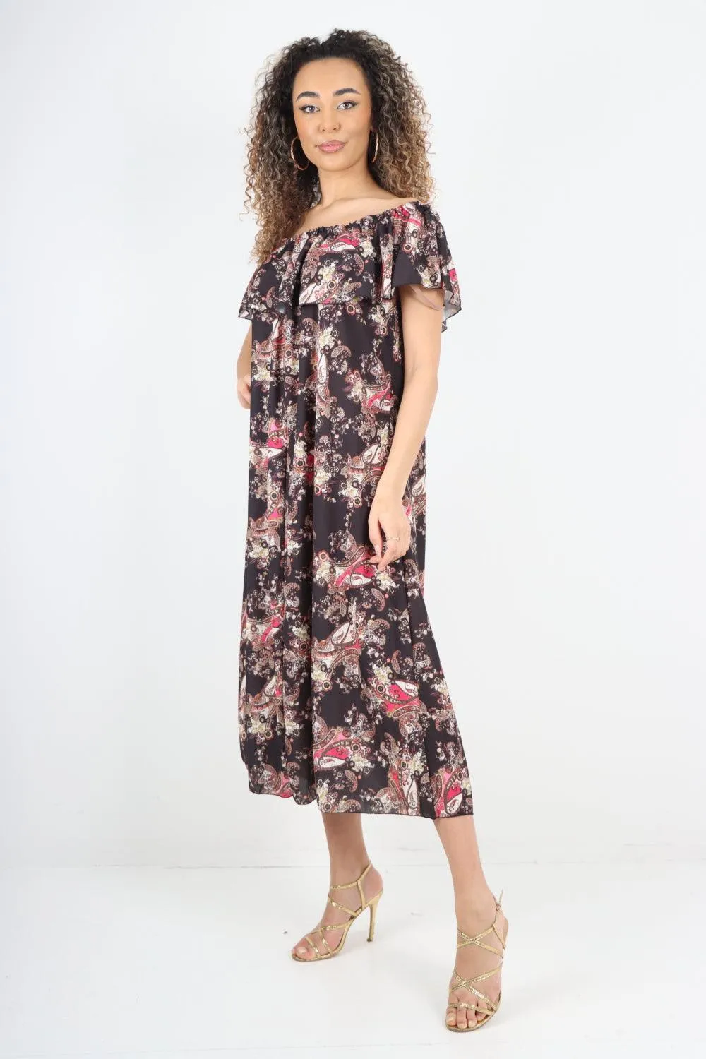 Paisley Printed  Bardot Maxi Dress