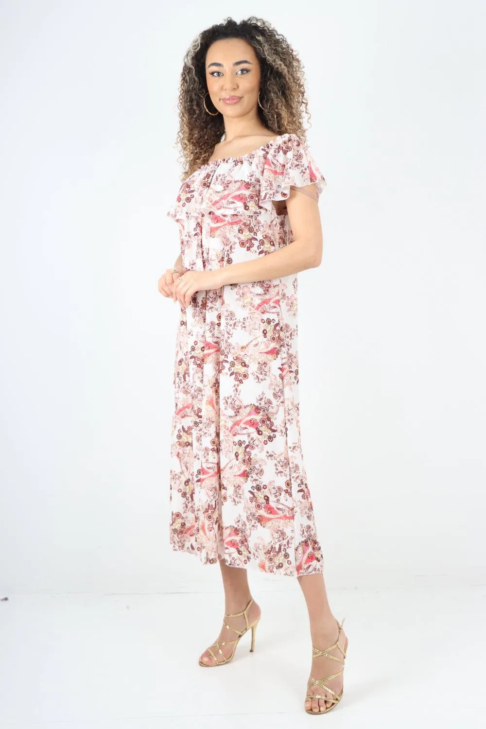 Paisley Printed  Bardot Maxi Dress