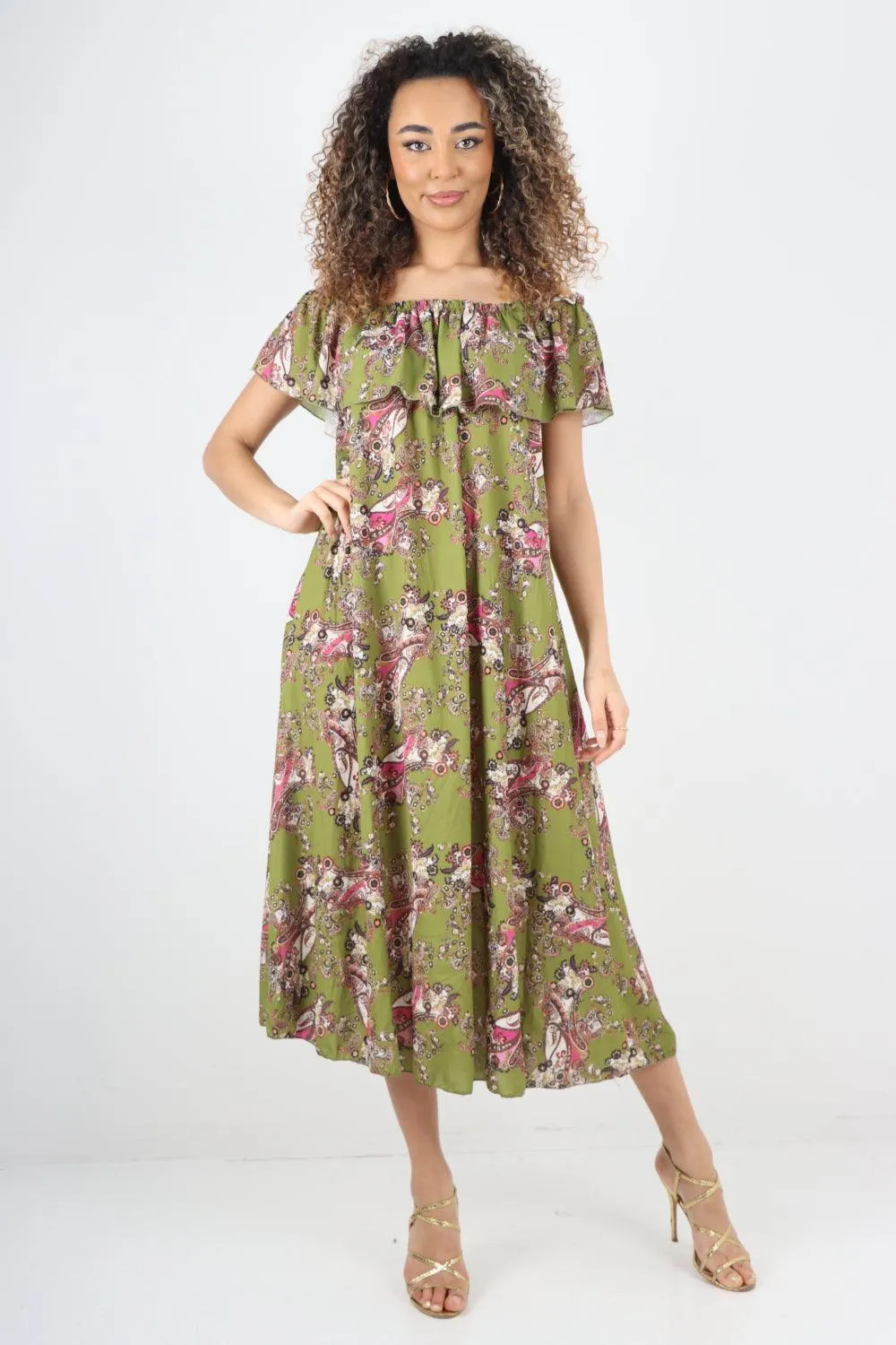 Paisley Printed  Bardot Maxi Dress