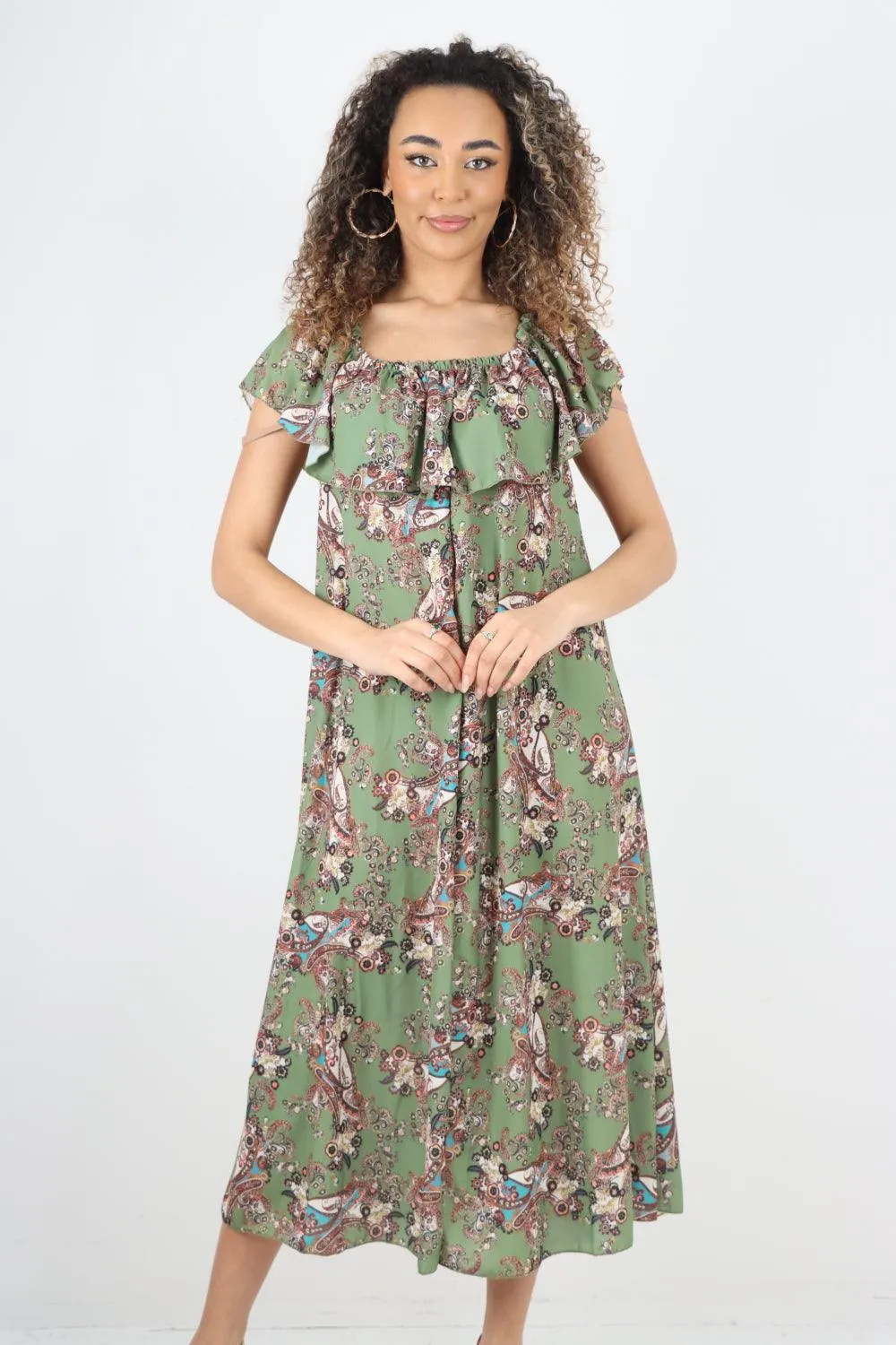 Paisley Printed  Bardot Maxi Dress