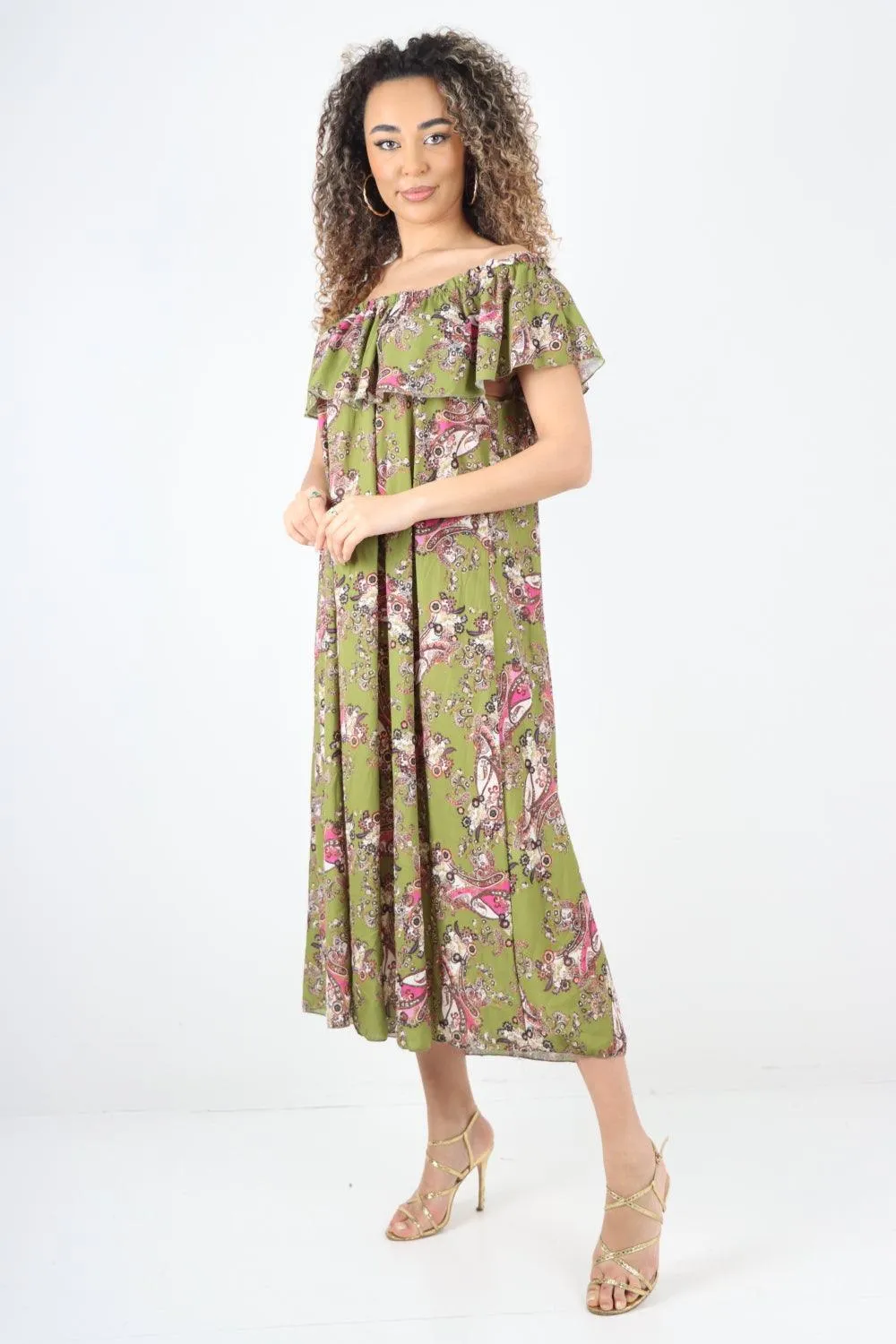 Paisley Printed  Bardot Maxi Dress