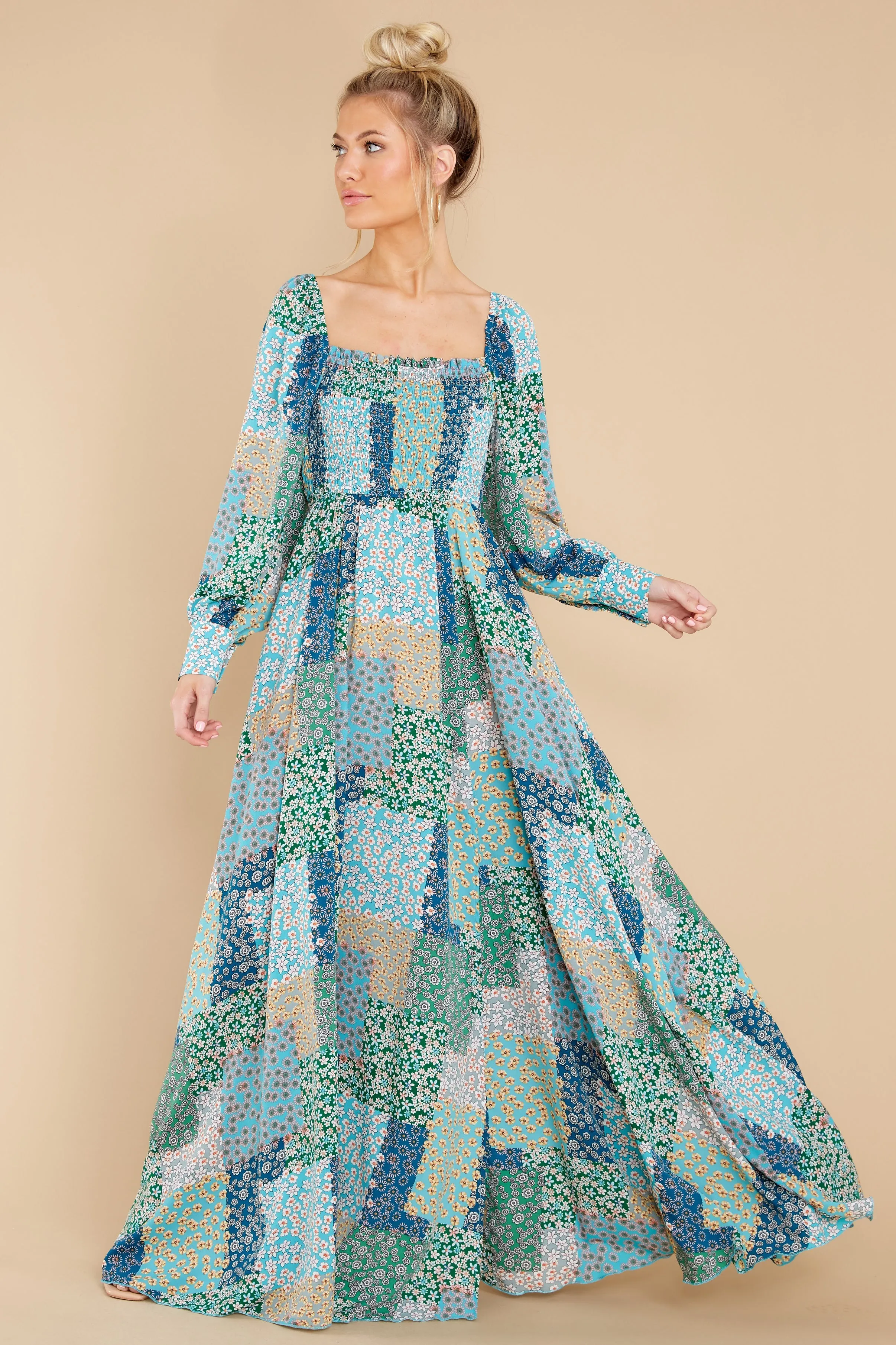 Patchwork Posies Green Floral Print Maxi Dress