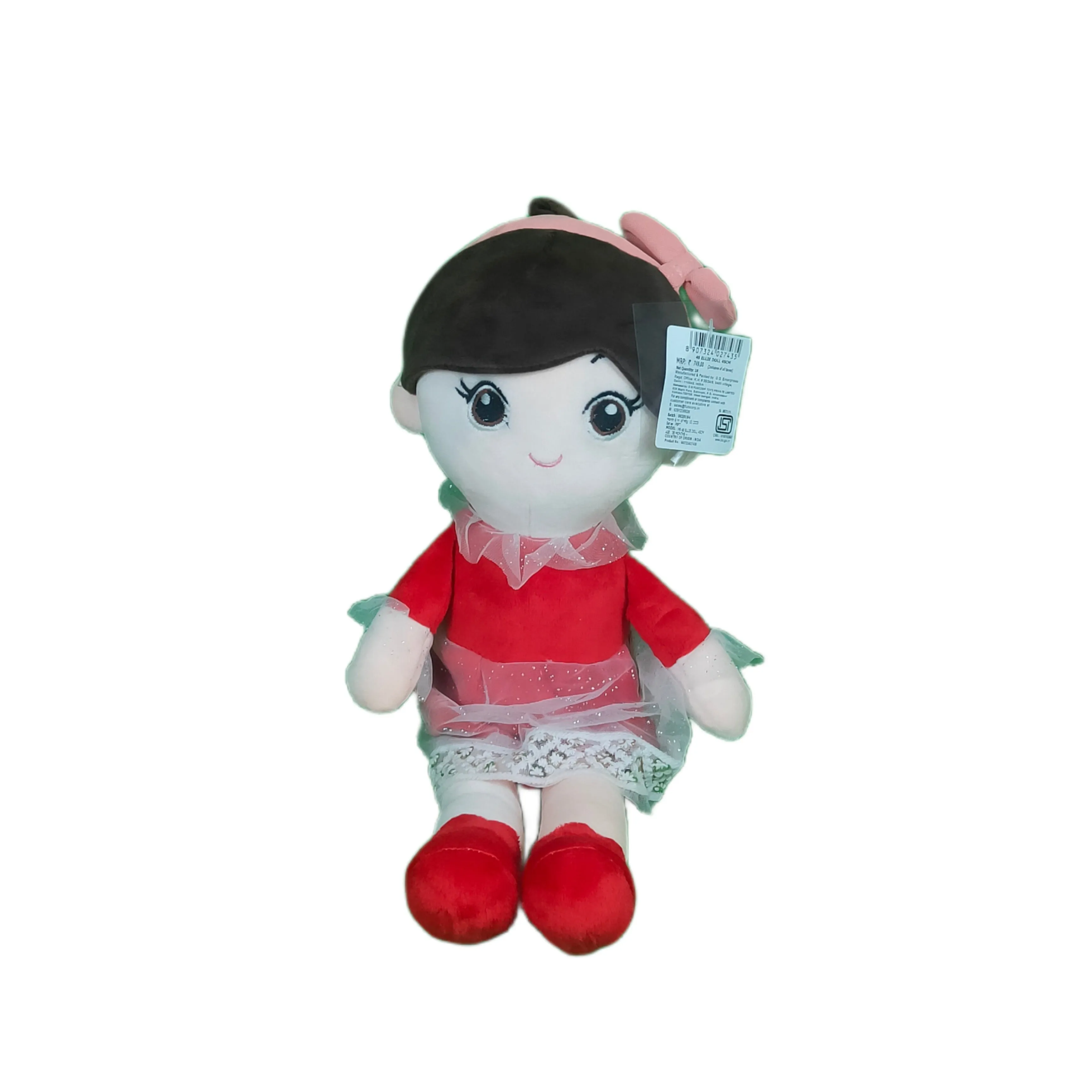 Play Hour Ellie Rag Doll Plush Soft Toy Wearing Red Dress for Ages 3 Years and Up, 45cm