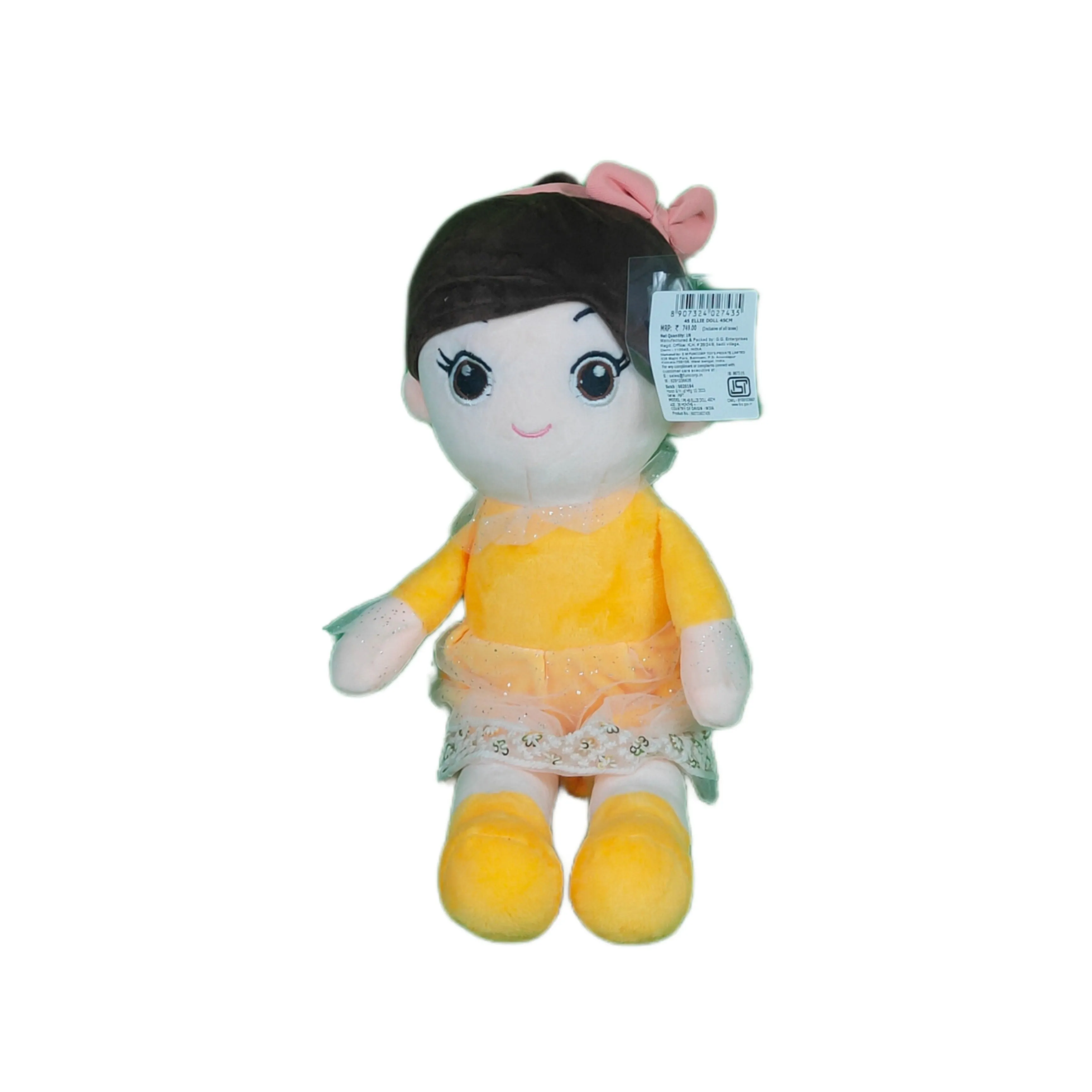 Play Hour Ellie Rag Doll Plush Soft Toy Wearing Yellow Dress for Ages 3 Years and Up, 45cm