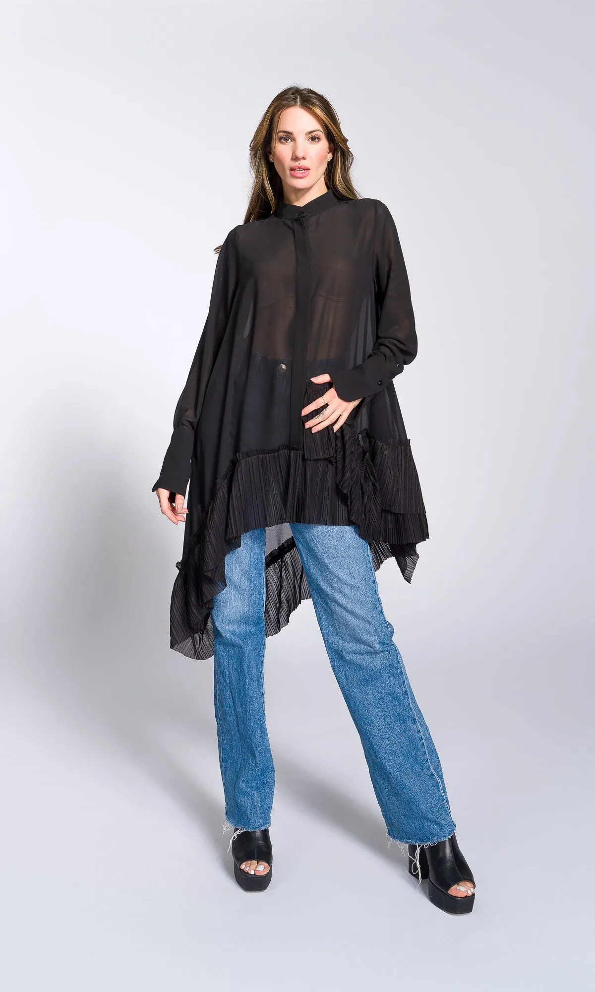 Pleated Hem Asymmetric Chiffon Shirt