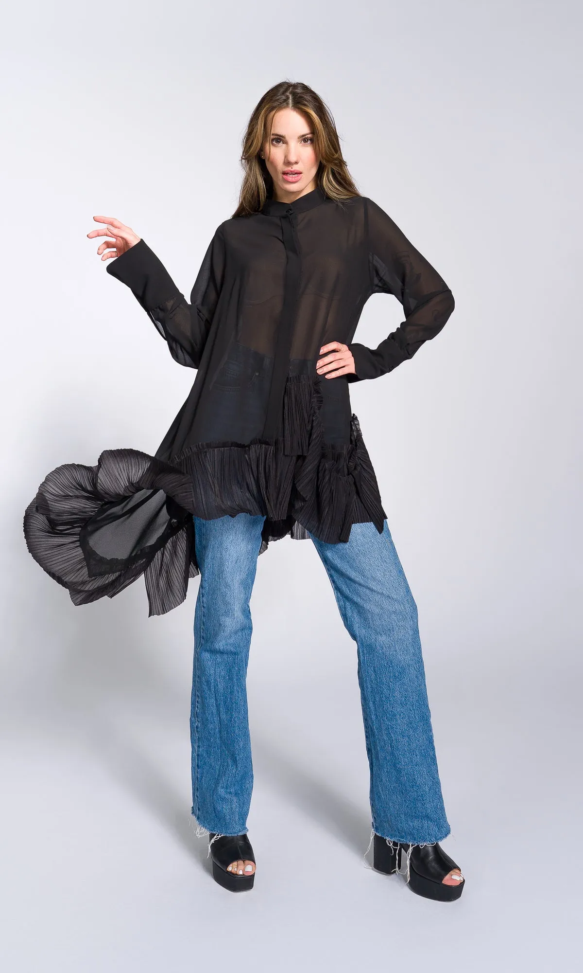 Pleated Hem Asymmetric Chiffon Shirt