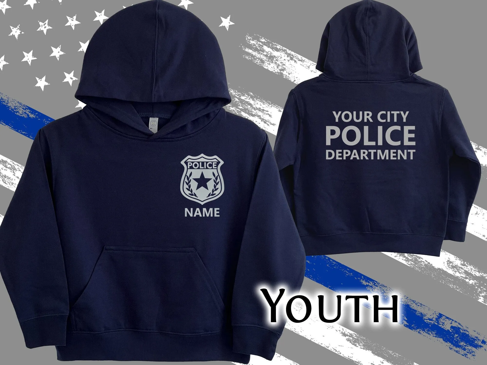 Police Youth Sized Hoodie in Navy with Badge and Personalized Name - Optional Police Department on Back