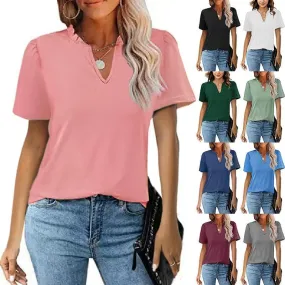 Popular Edge V-Neck Pleated Casual Short Sleeve Shirt