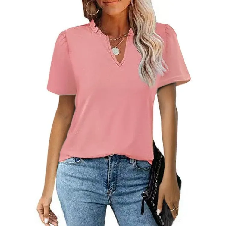 Popular Edge V-Neck Pleated Casual Short Sleeve Shirt