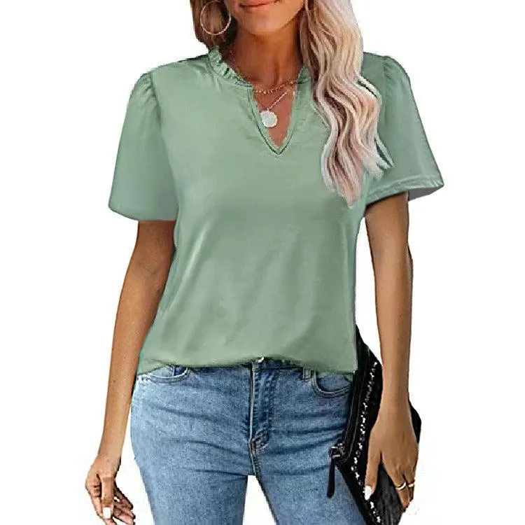 Popular Edge V-Neck Pleated Casual Short Sleeve Shirt