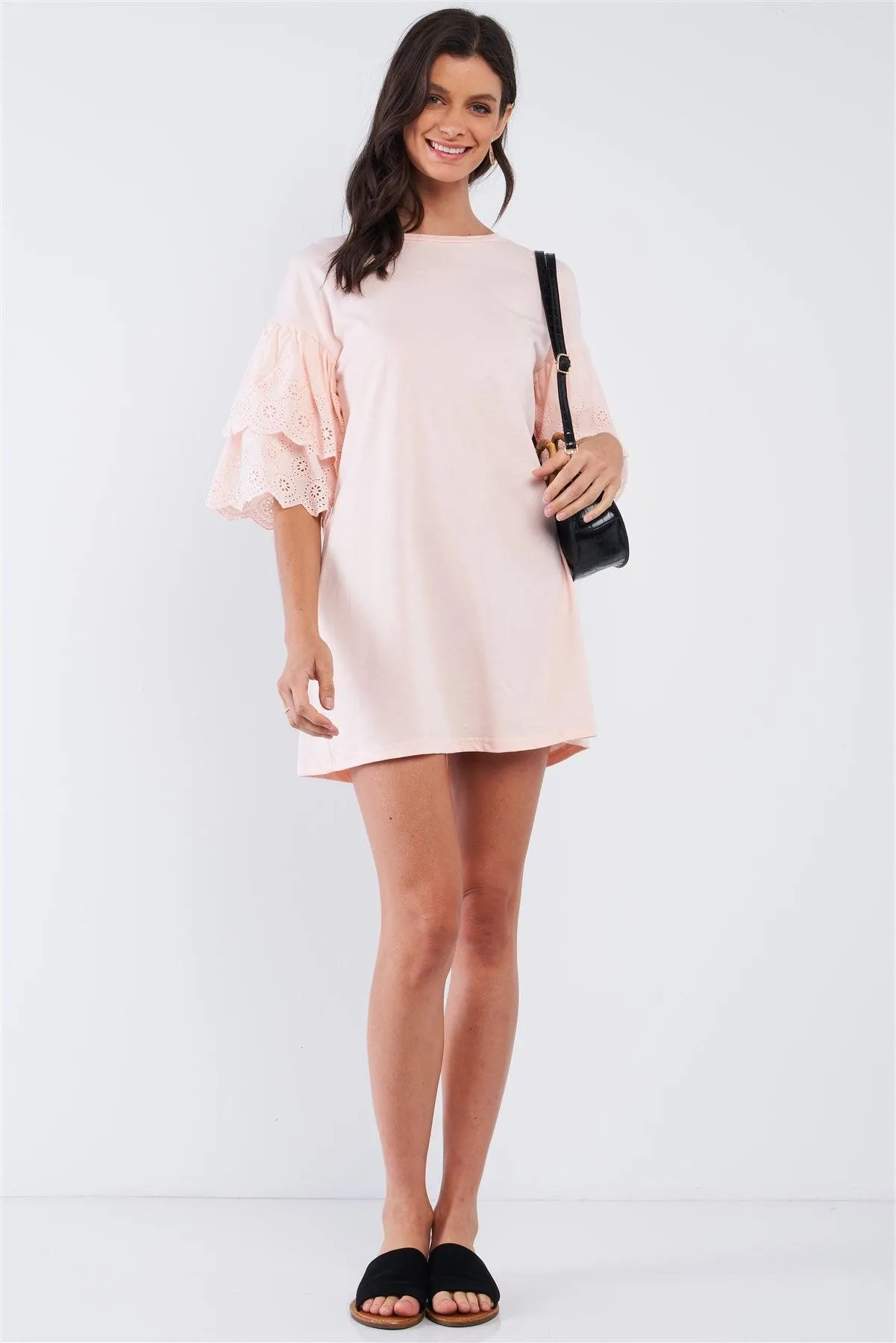 Powder Pink Cotton Loose Fit Crew-Neck Tunic Mini Dress With Layered Crochet Embroidered Scalloped Hem Sleeve /1-2-2-1