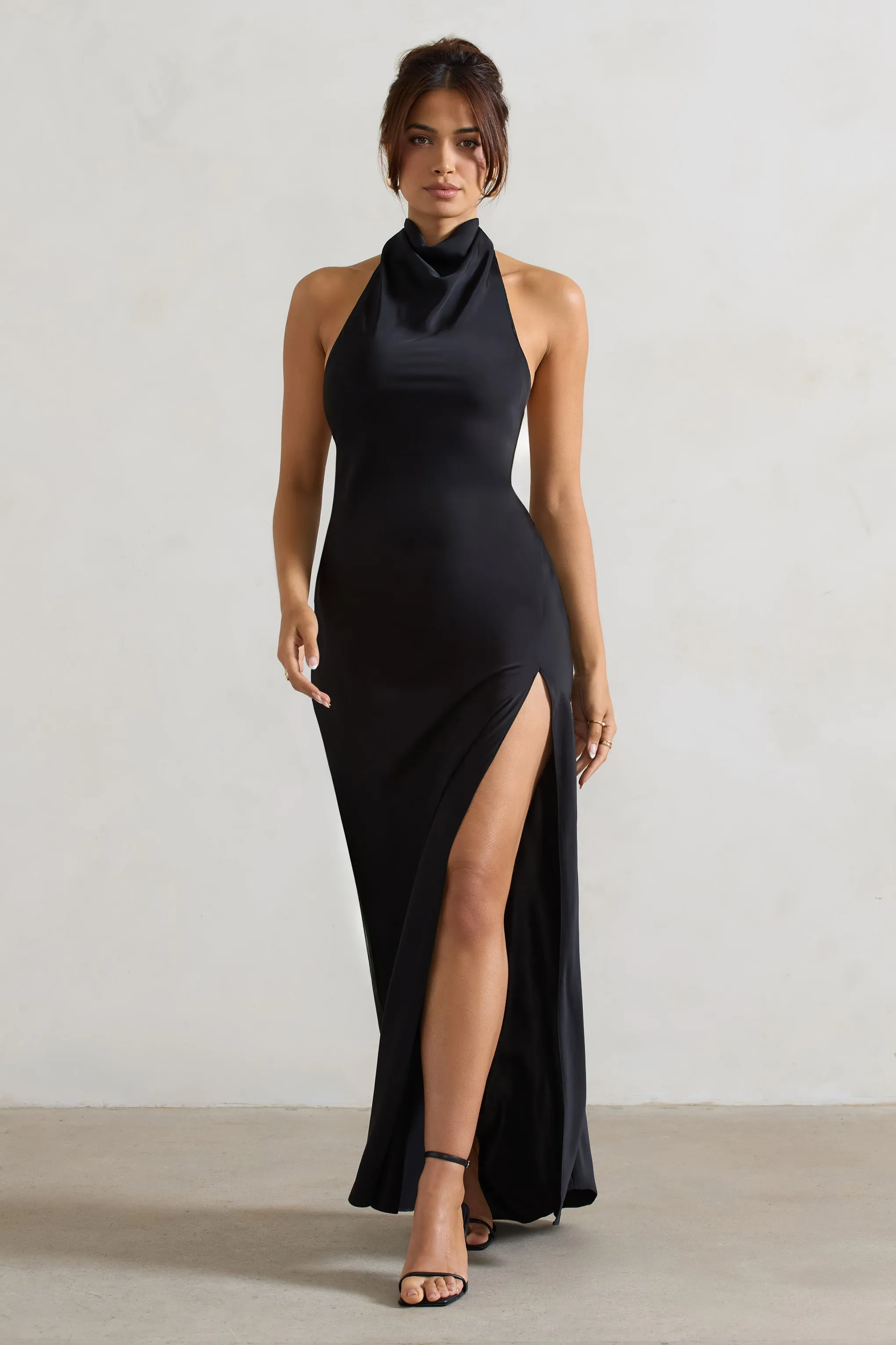 Priero | Black Cowl Halter-Neck Open Back Maxi Dress