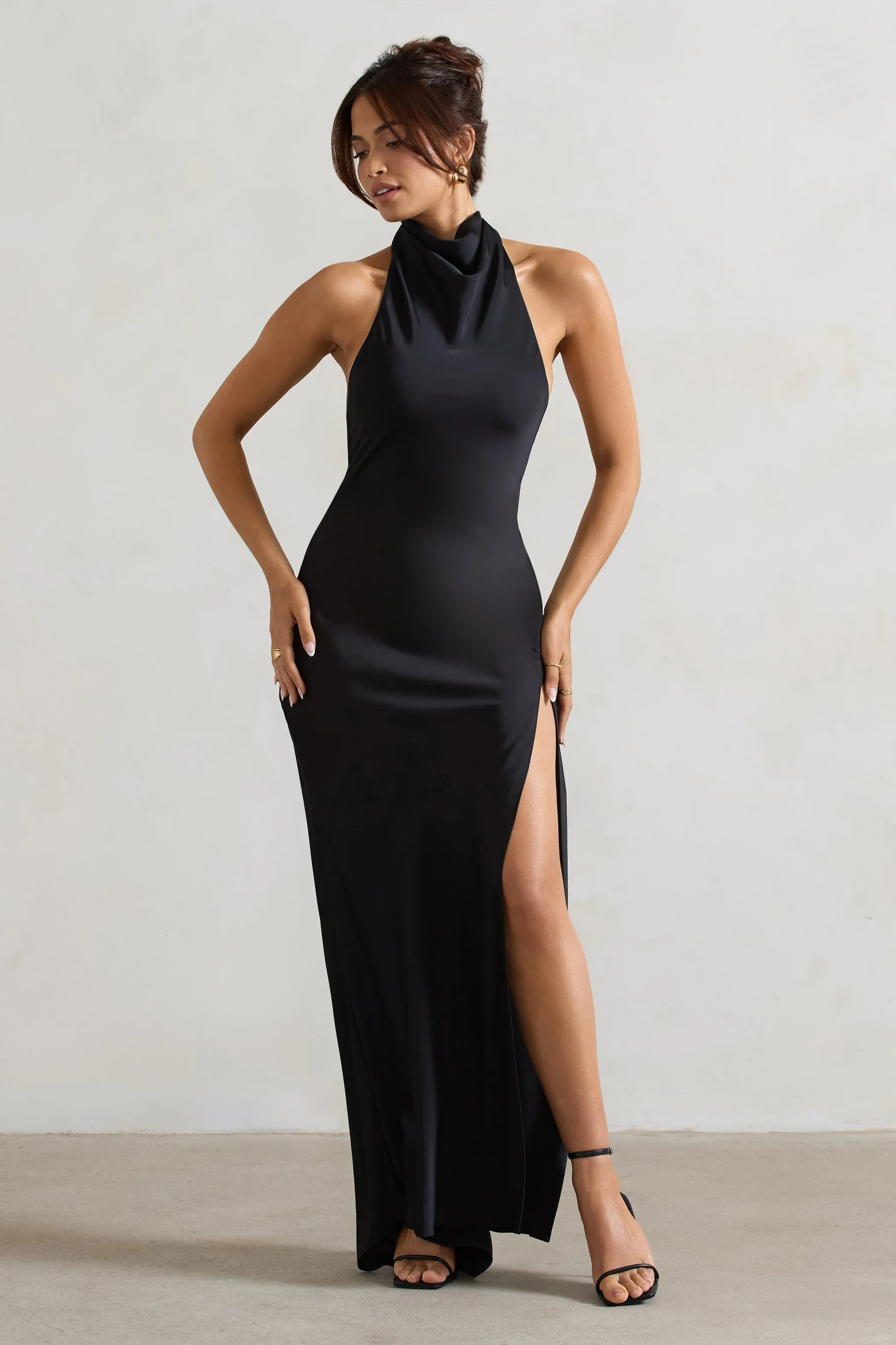 Priero | Black Cowl Halter-Neck Open Back Maxi Dress