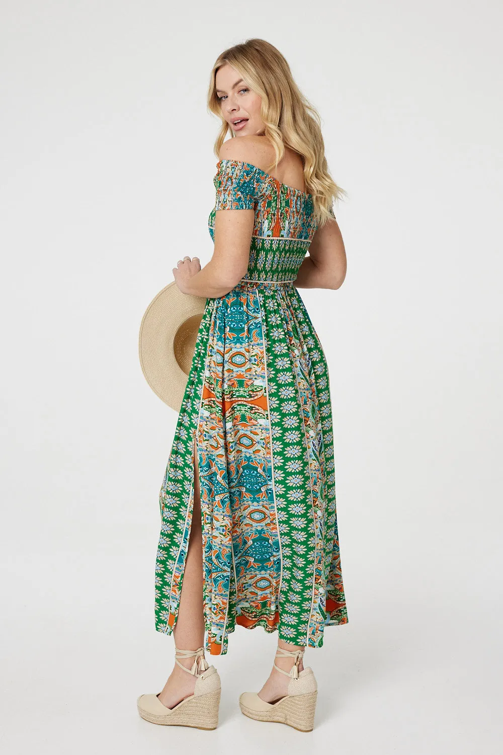 Printed Bardot Smocked Maxi Dress