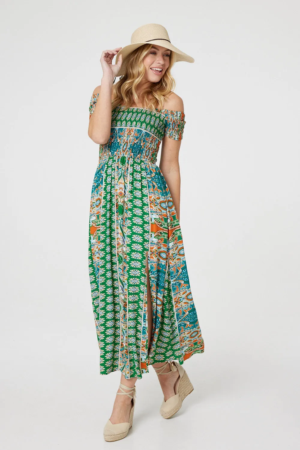 Printed Bardot Smocked Maxi Dress