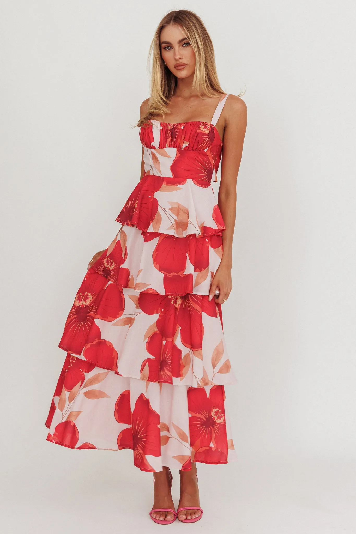 Provence Bloom Tiered Ruffle Floral Maxi Dress Blush