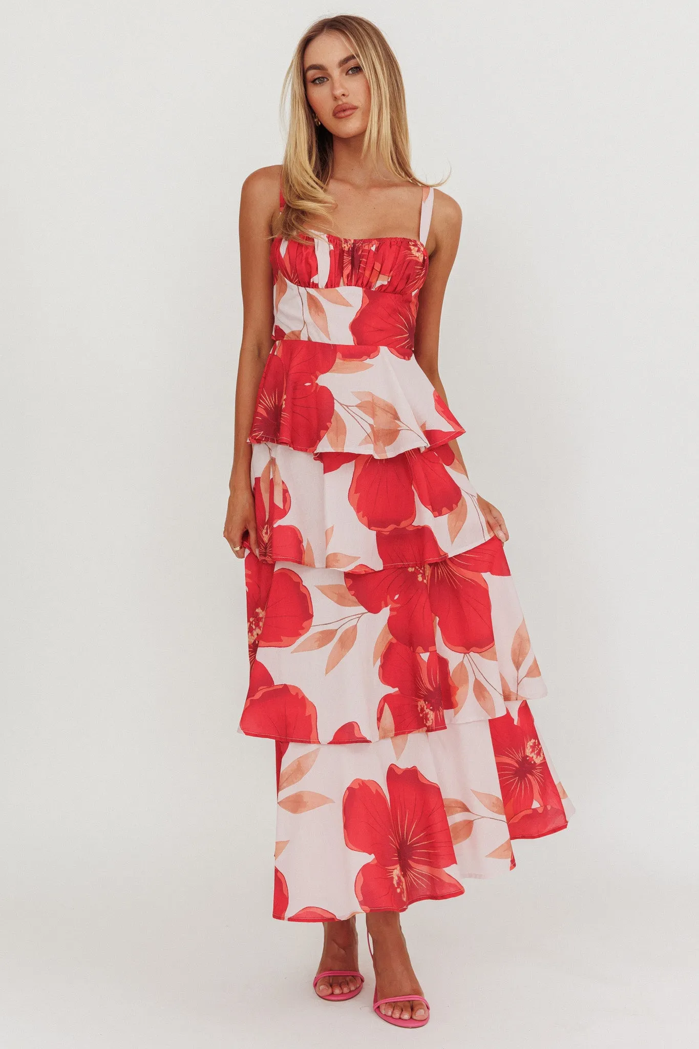 Provence Bloom Tiered Ruffle Floral Maxi Dress Blush