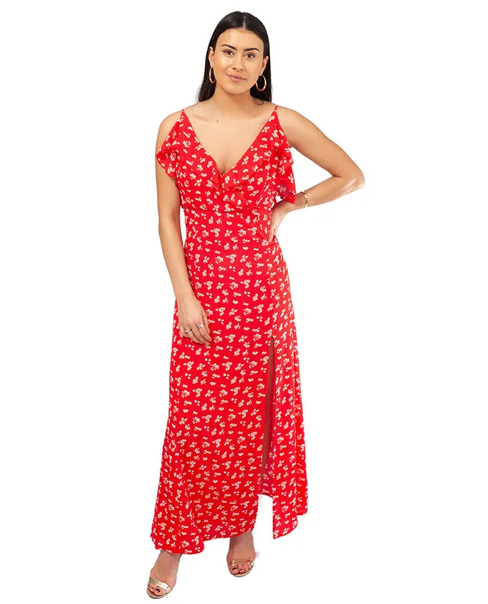 RED RUFFLE MAXI DRESS