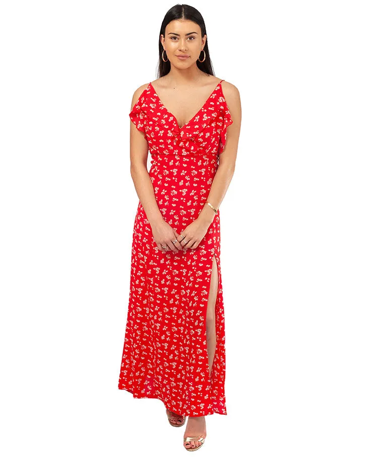 RED RUFFLE MAXI DRESS