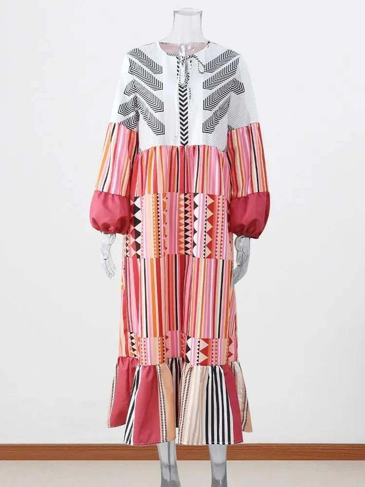 Retro Stripe Patchwork Maxi Dress: Vintage Lantern Sleeve Beach Robe