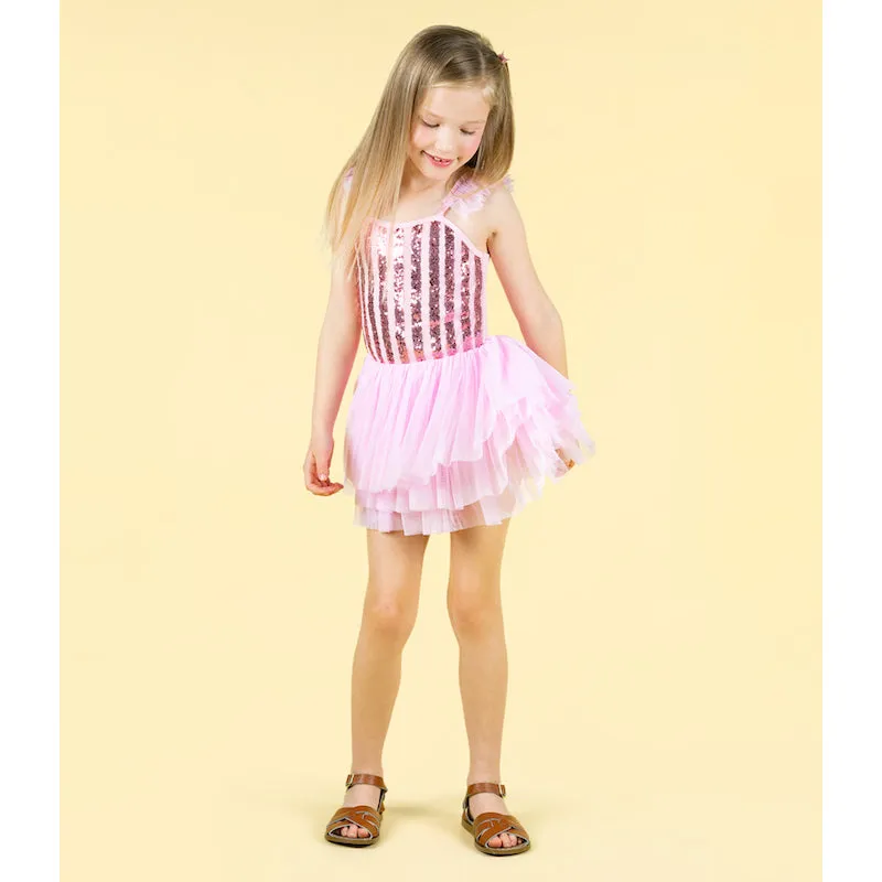 Rock Your Kid Pink Stripe Sequin Tulle Leotard Dress