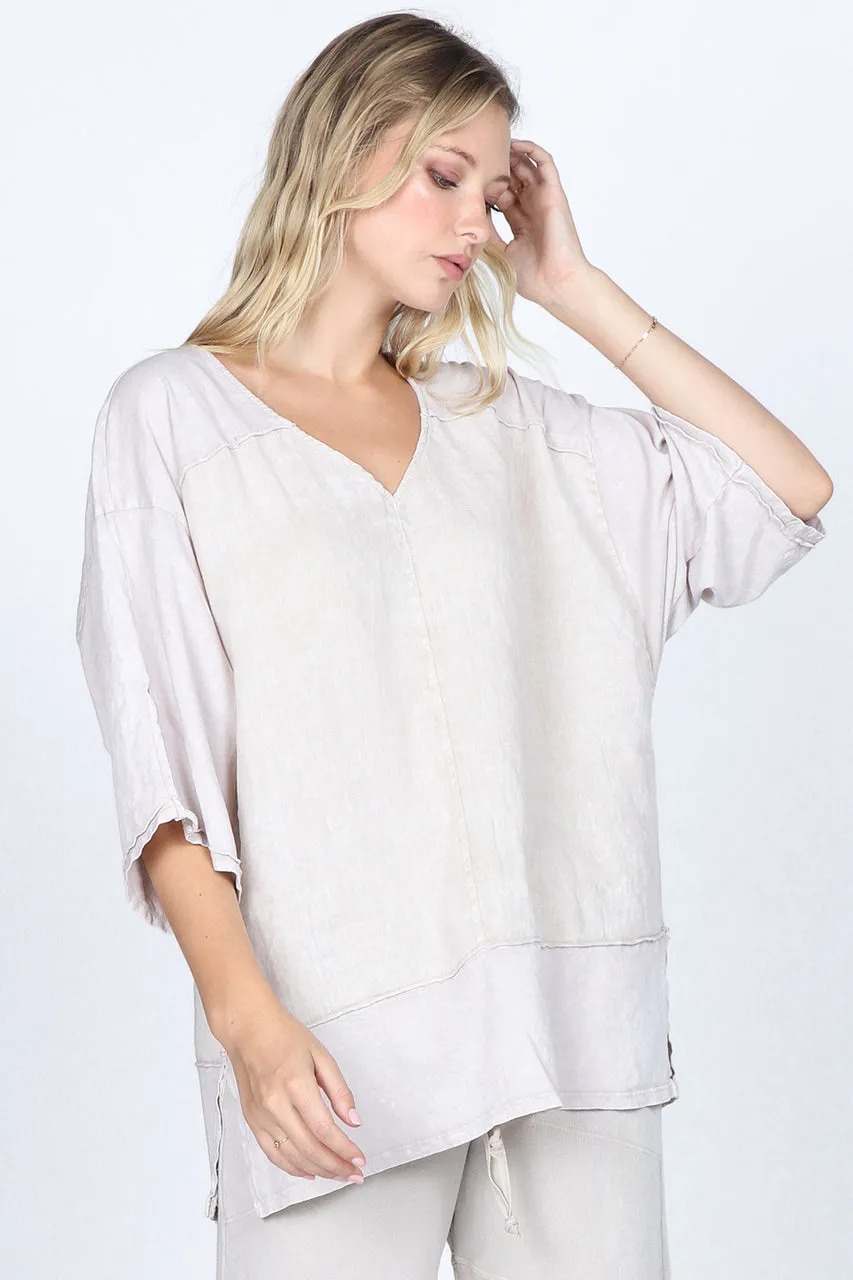 S4978A Bone Mineral Wash Linen Kimono Top