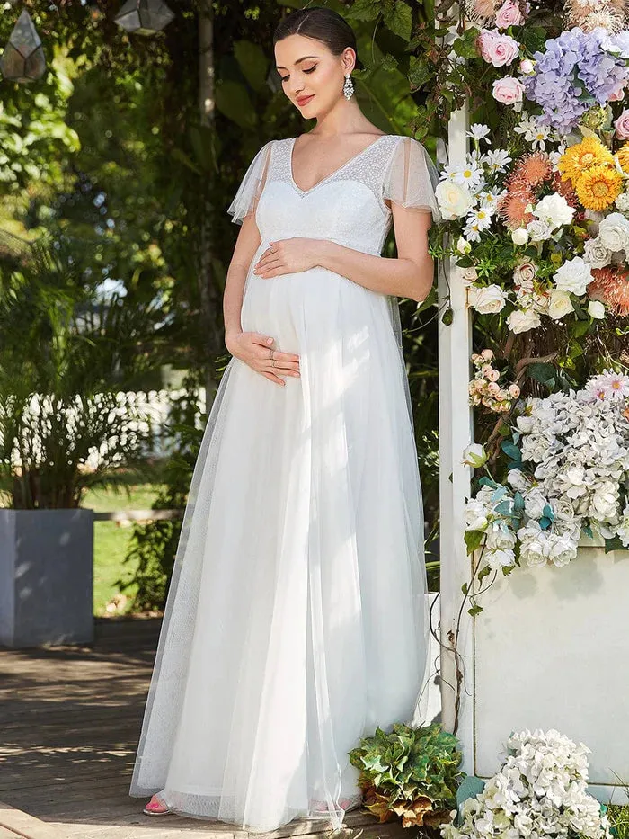 Sheer Flutter Sleeve V-neck Maxi Maternity Dress