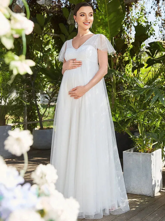 Sheer Flutter Sleeve V-neck Maxi Maternity Dress