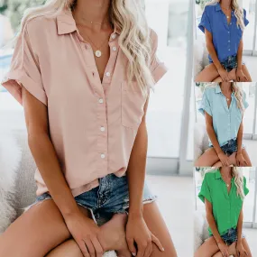 Short Sleeve Ladies Lapel Button Button Shirt Top