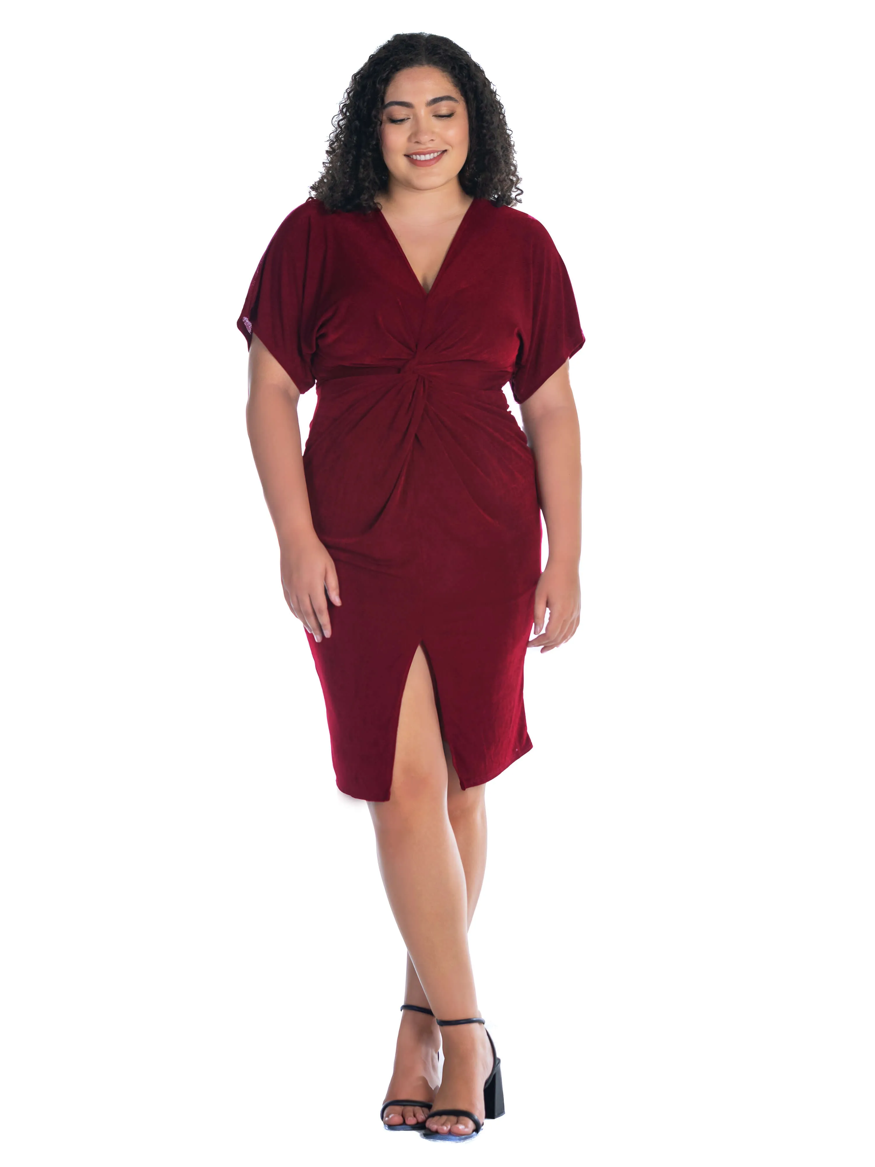 Short Sleeve V Neck Twist Front Split Plus Size Hem Dress