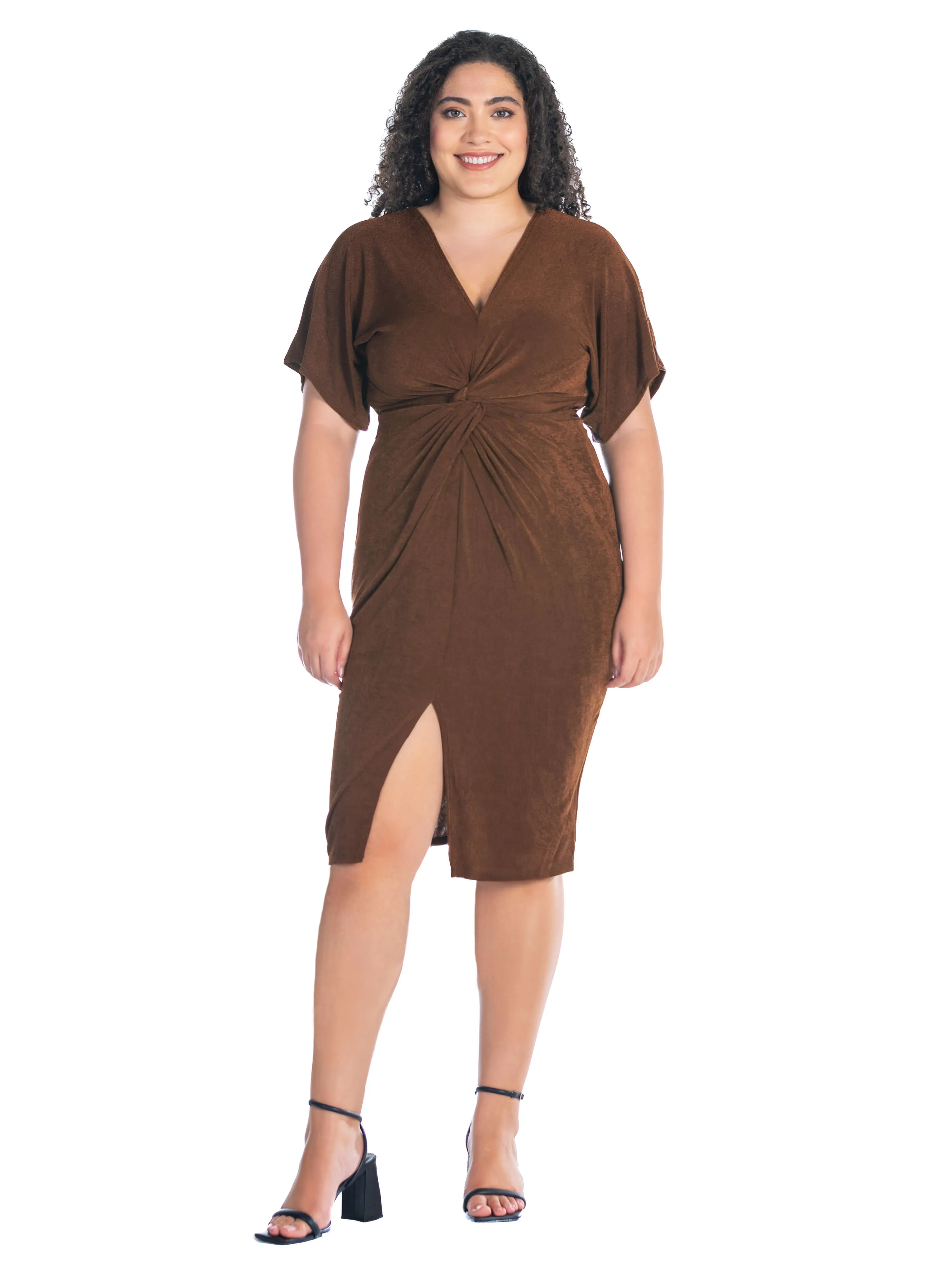 Short Sleeve V Neck Twist Front Split Plus Size Hem Dress