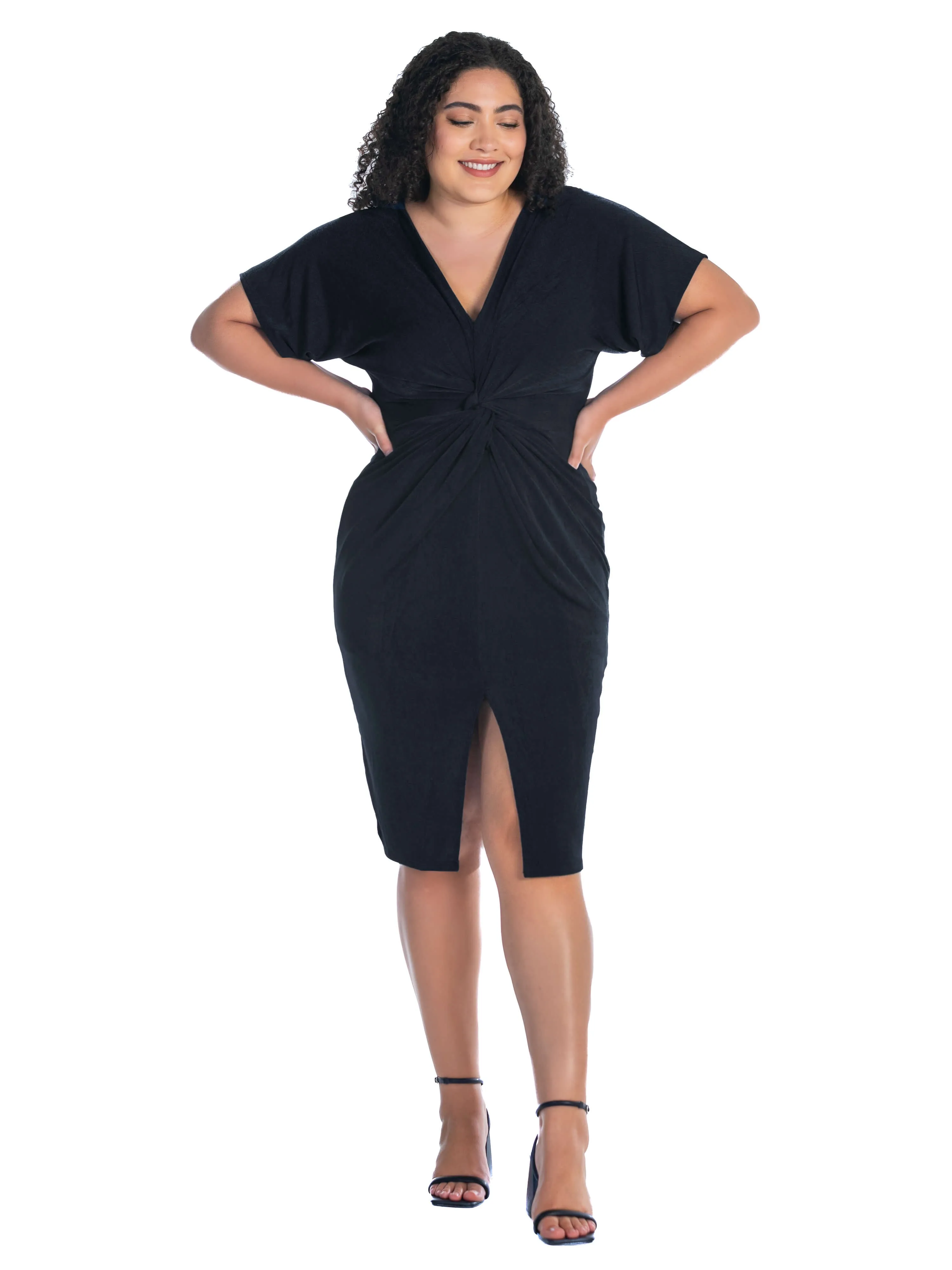 Short Sleeve V Neck Twist Front Split Plus Size Hem Dress