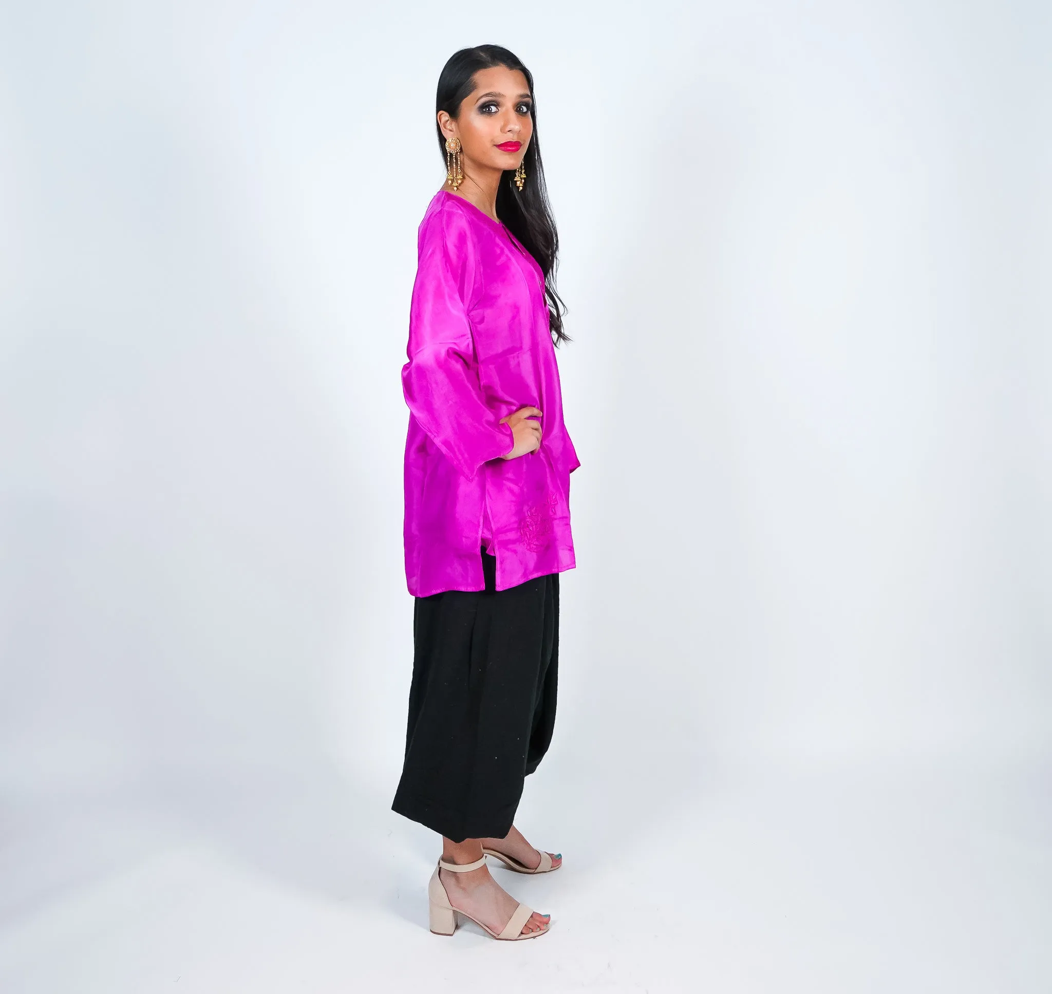 Silk  Pink Short Embroidered Kurti