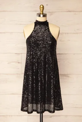 Singapour Black | Short Sequin Dress w/ High Neck