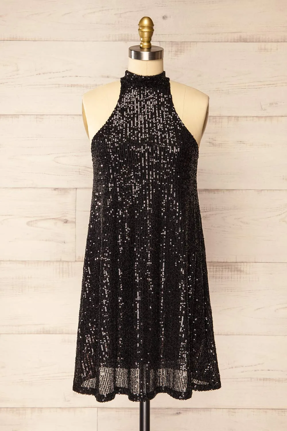 Singapour Black | Short Sequin Dress w/ High Neck