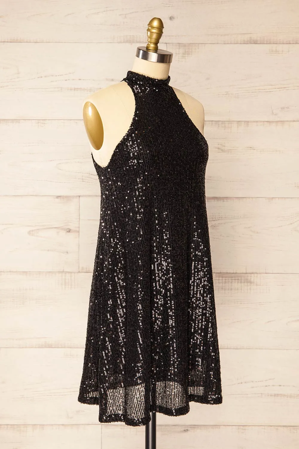 Singapour Black | Short Sequin Dress w/ High Neck