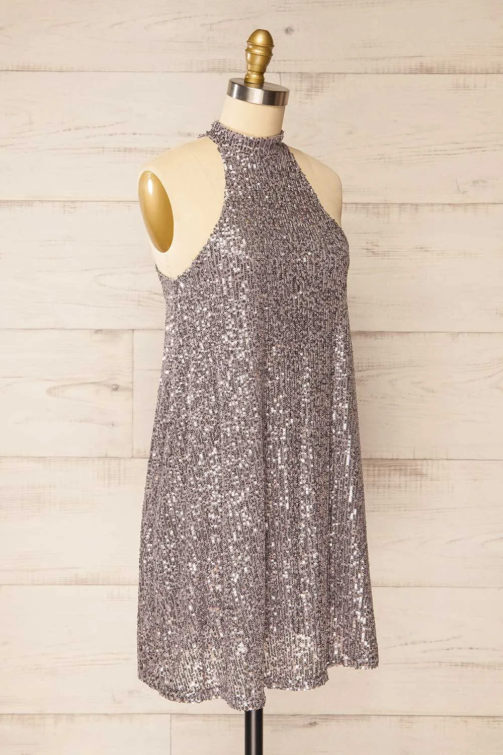 Singapour Silver | Short Sequin Dress w/ High Neck