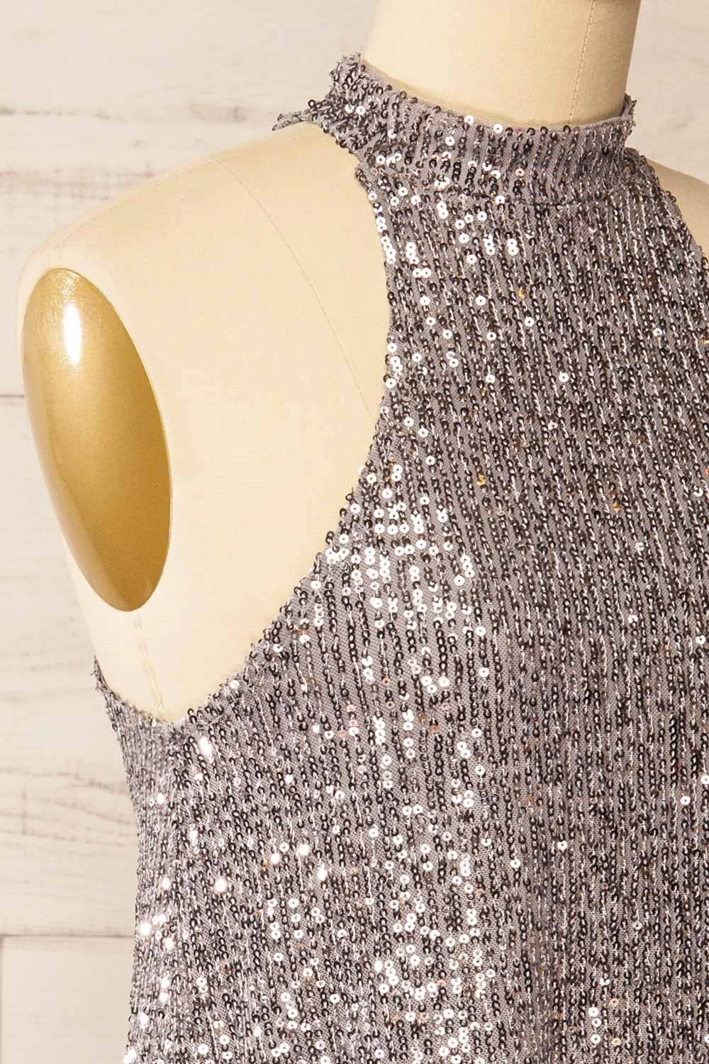 Singapour Silver | Short Sequin Dress w/ High Neck