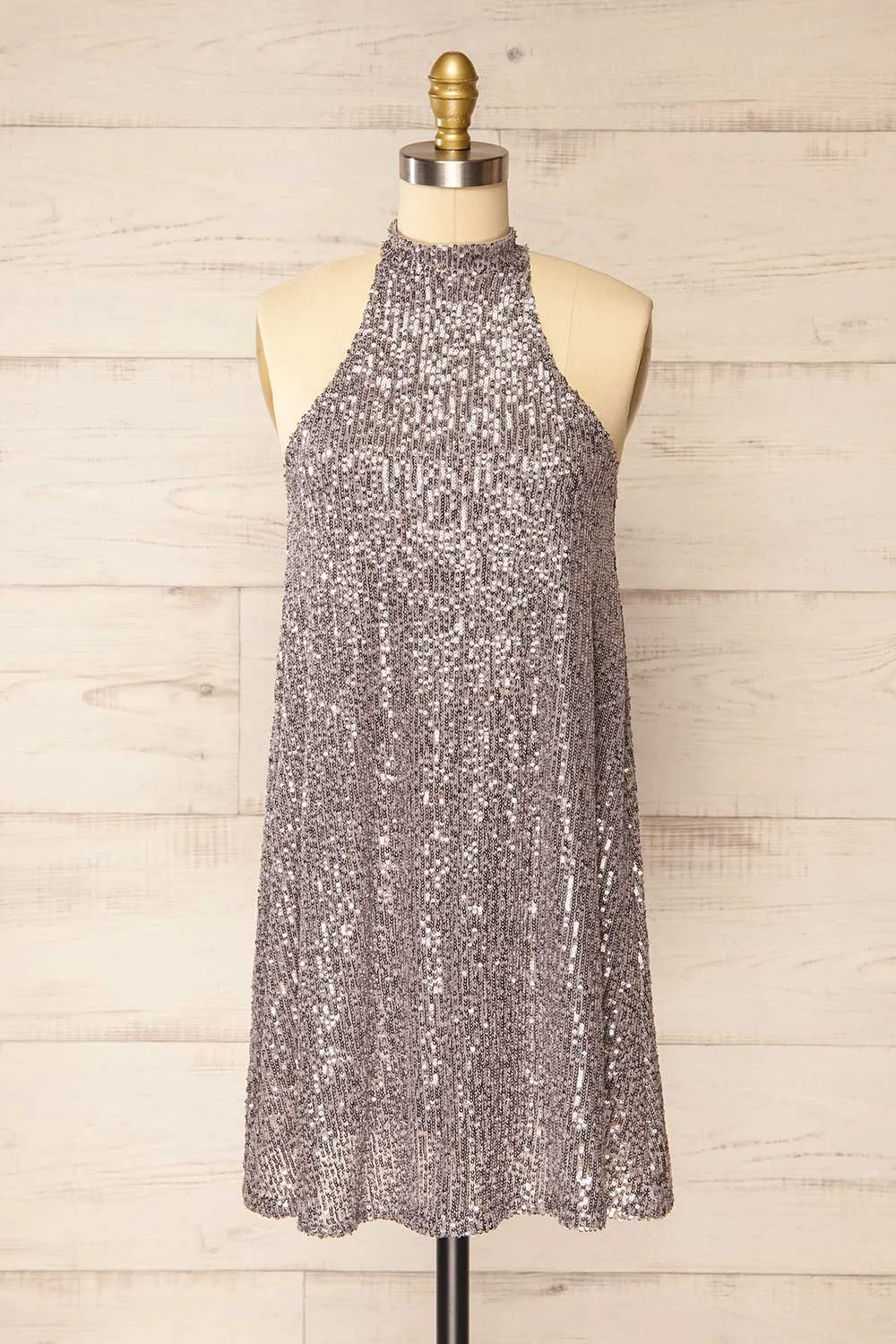 Singapour Silver | Short Sequin Dress w/ High Neck