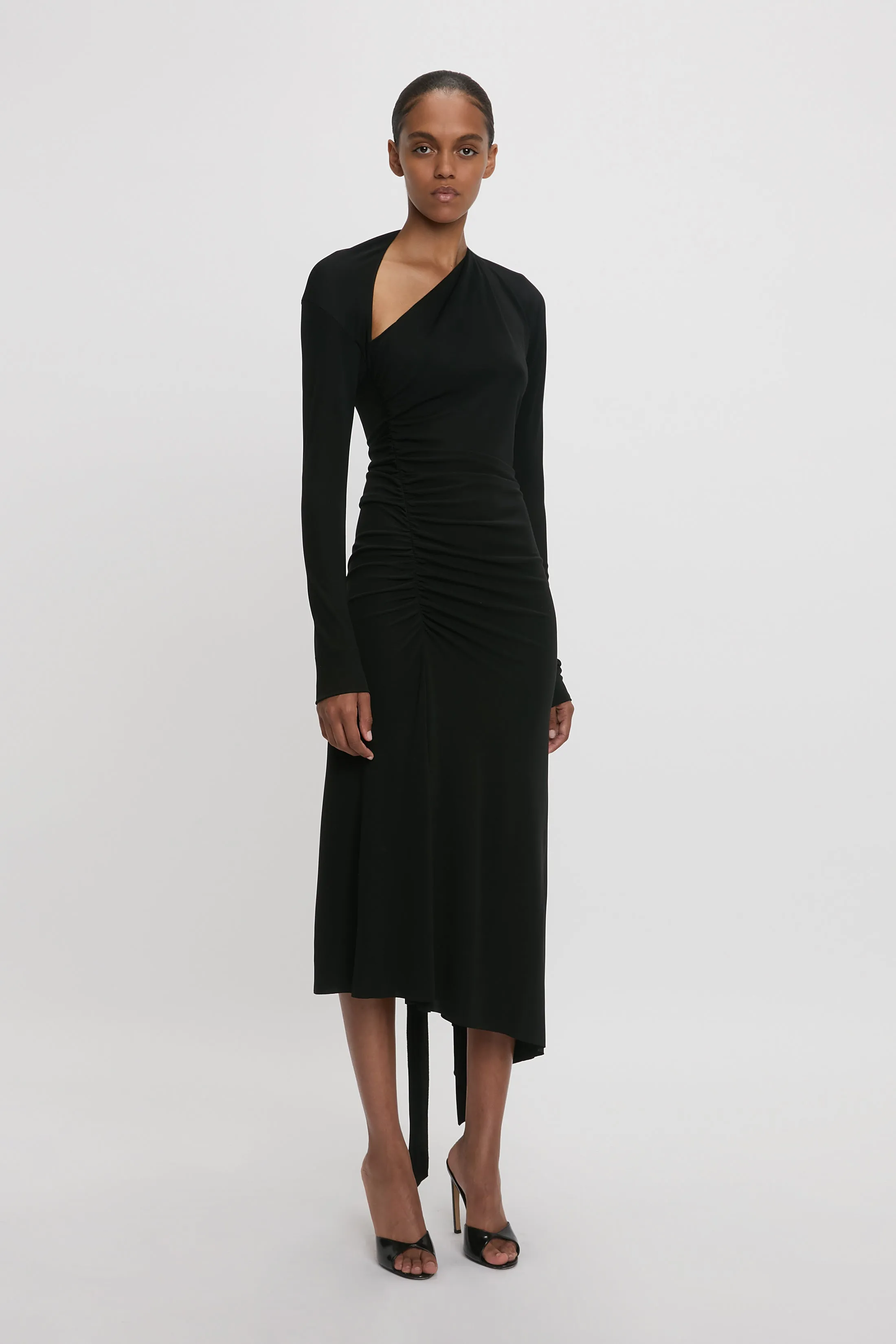 Slash-Neck Ruched Midi Dress In Black