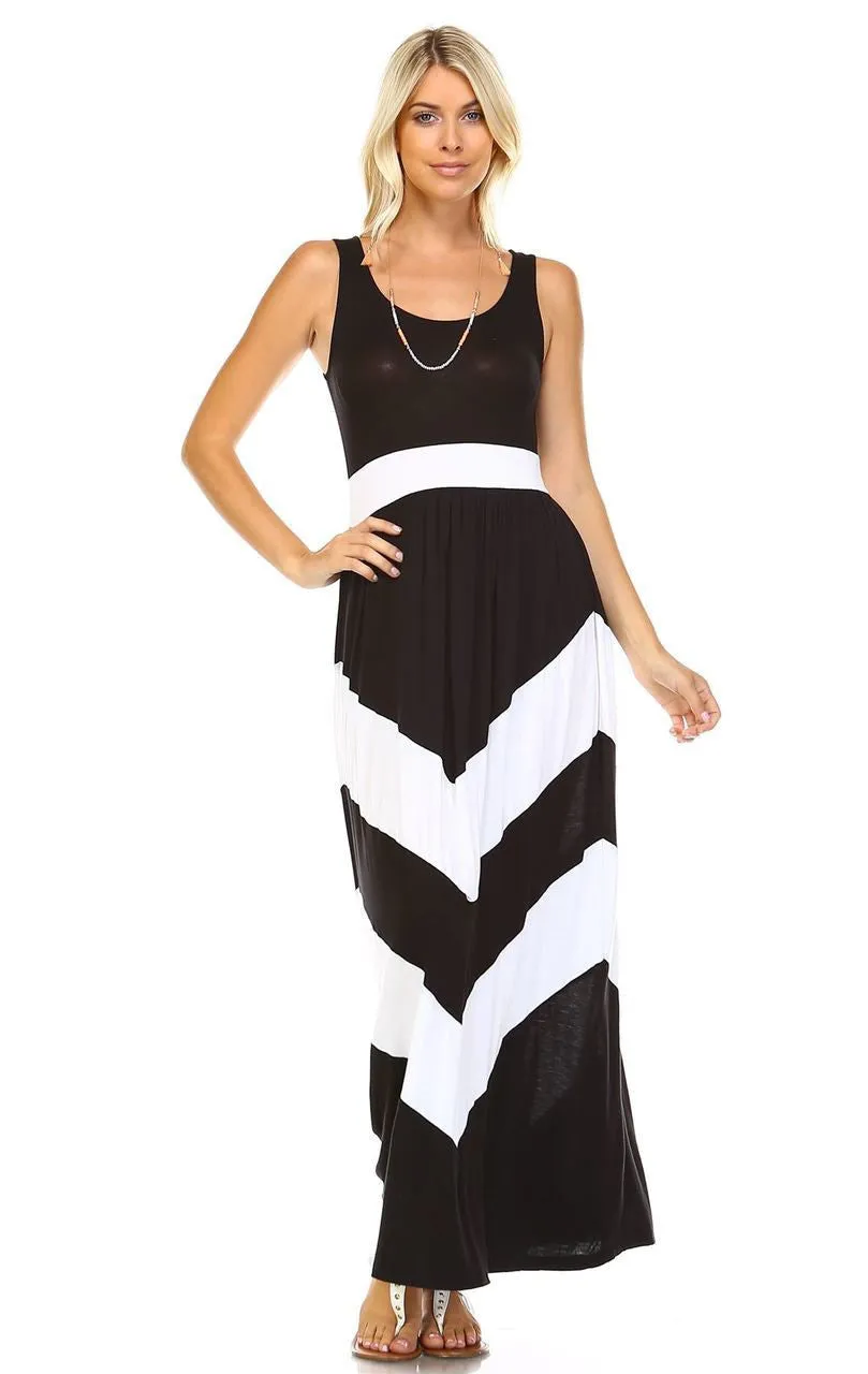 Sleeveless Evening Chevron Maxi Dress Black White