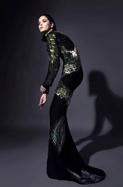 Slinky black shimmer lurex crêpe gown lavishly illustrated with the Babylonian Phoenix in hand-cut and lacquered mother-of-pearl, 3D silk and metallic threadwork, crystals and macro sequins