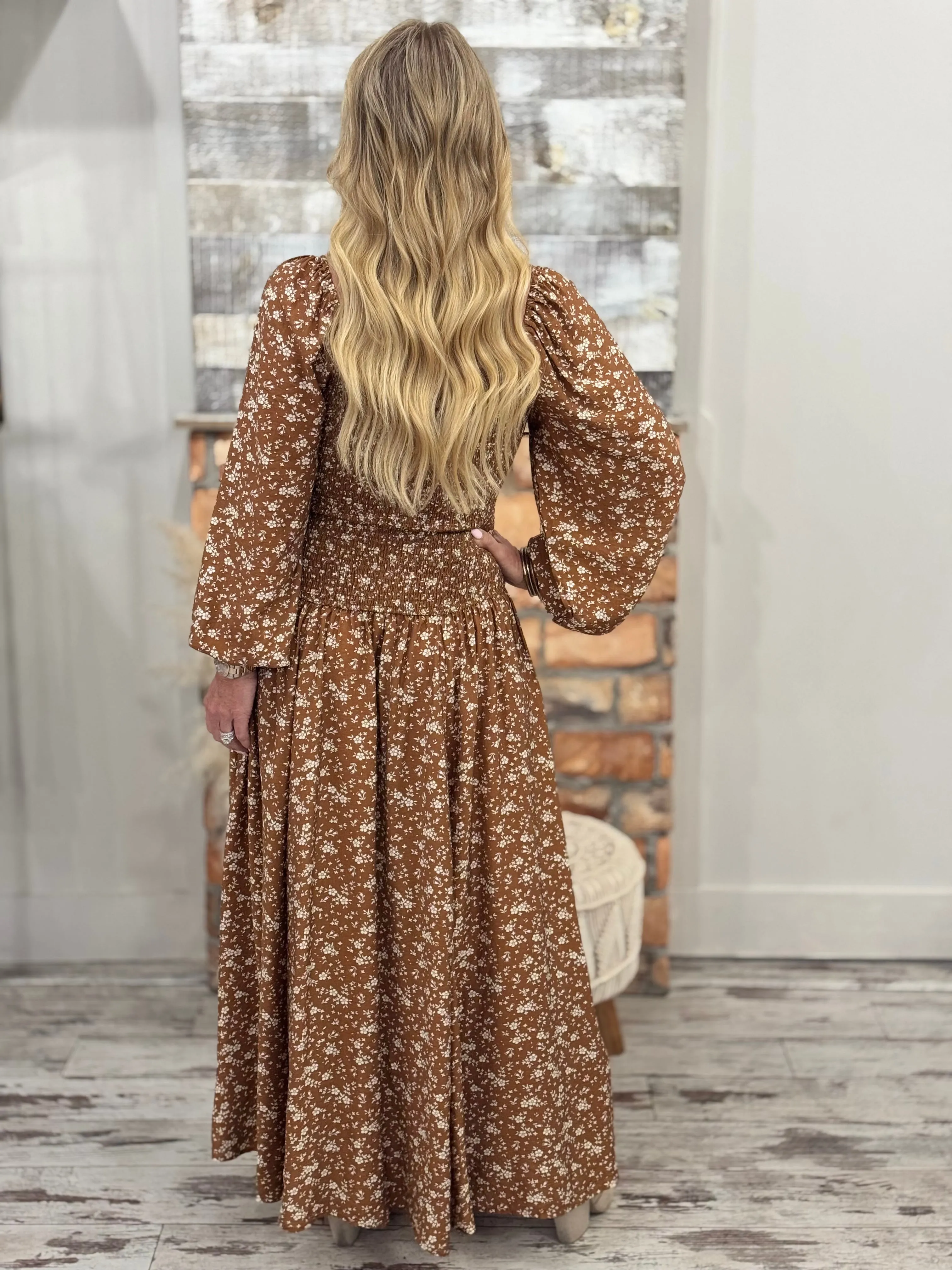 Smocked Drop Waist Floral Maxi Dress