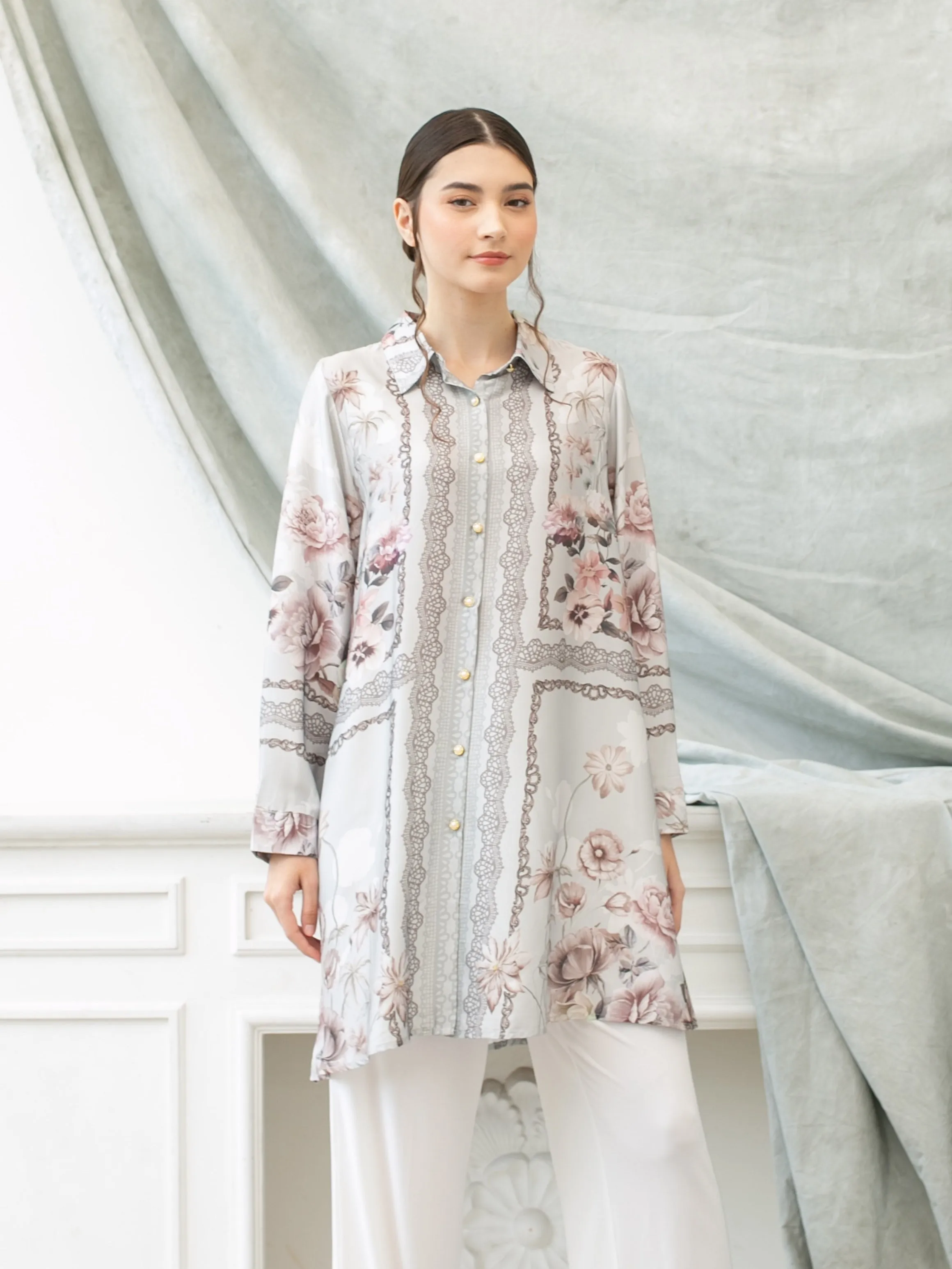 Soera Satin Tunic Shirt - Grey