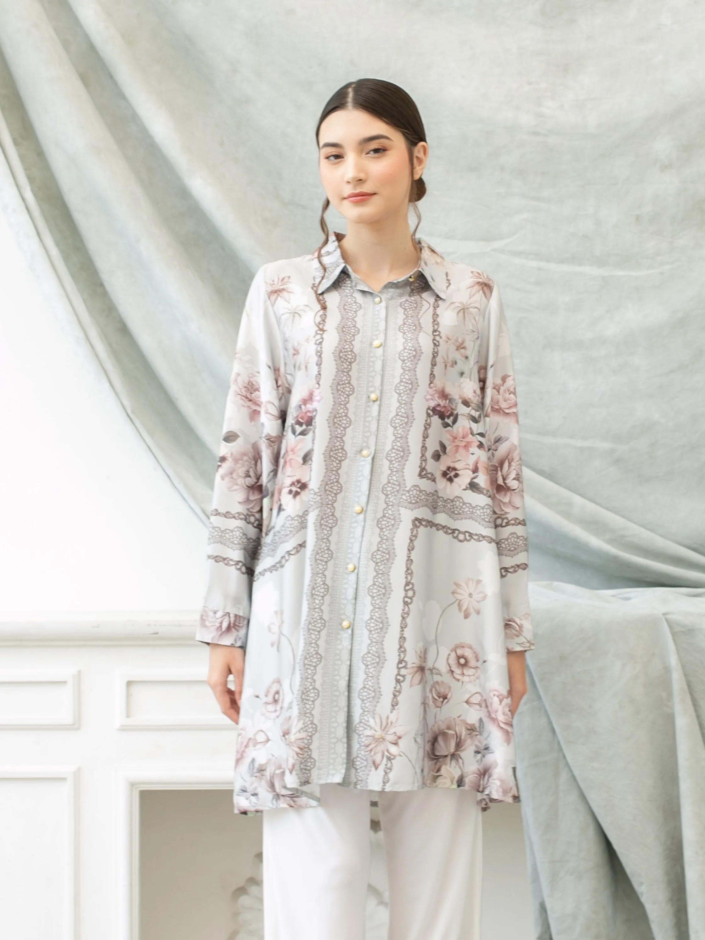 Soera Satin Tunic Shirt - Grey