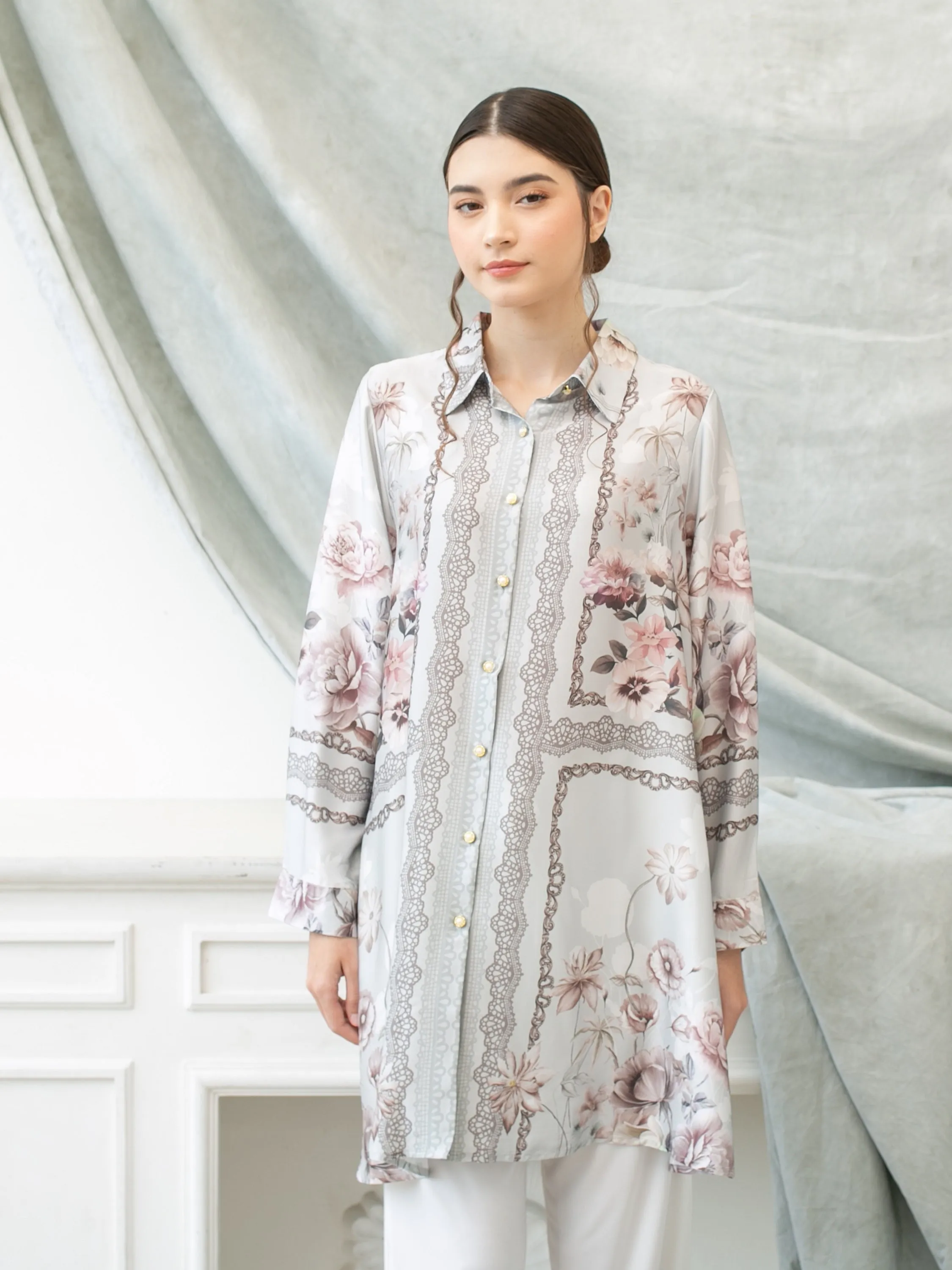 Soera Satin Tunic Shirt - Grey