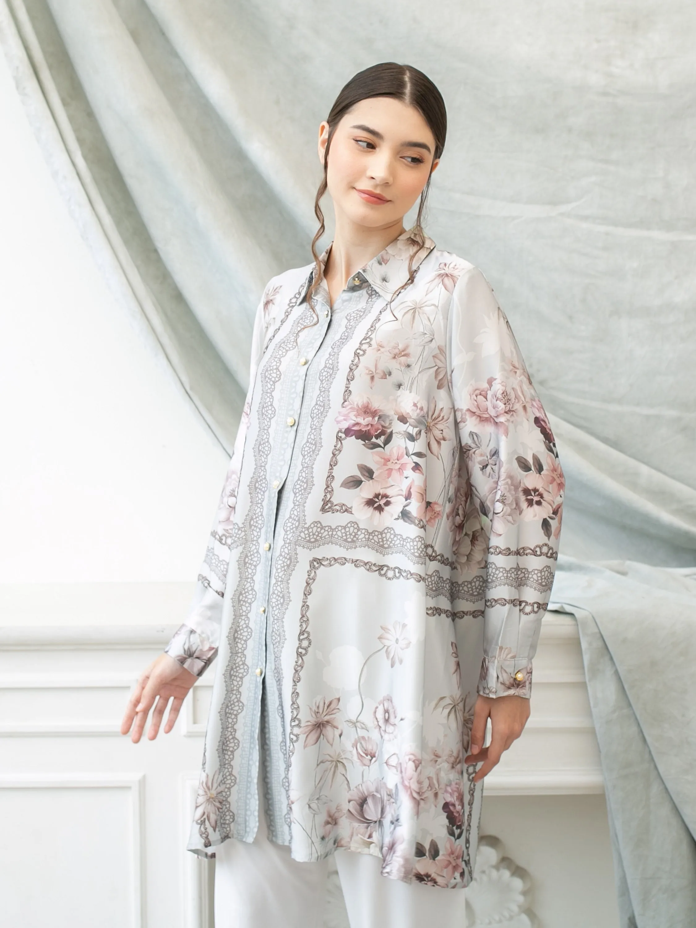 Soera Satin Tunic Shirt - Grey