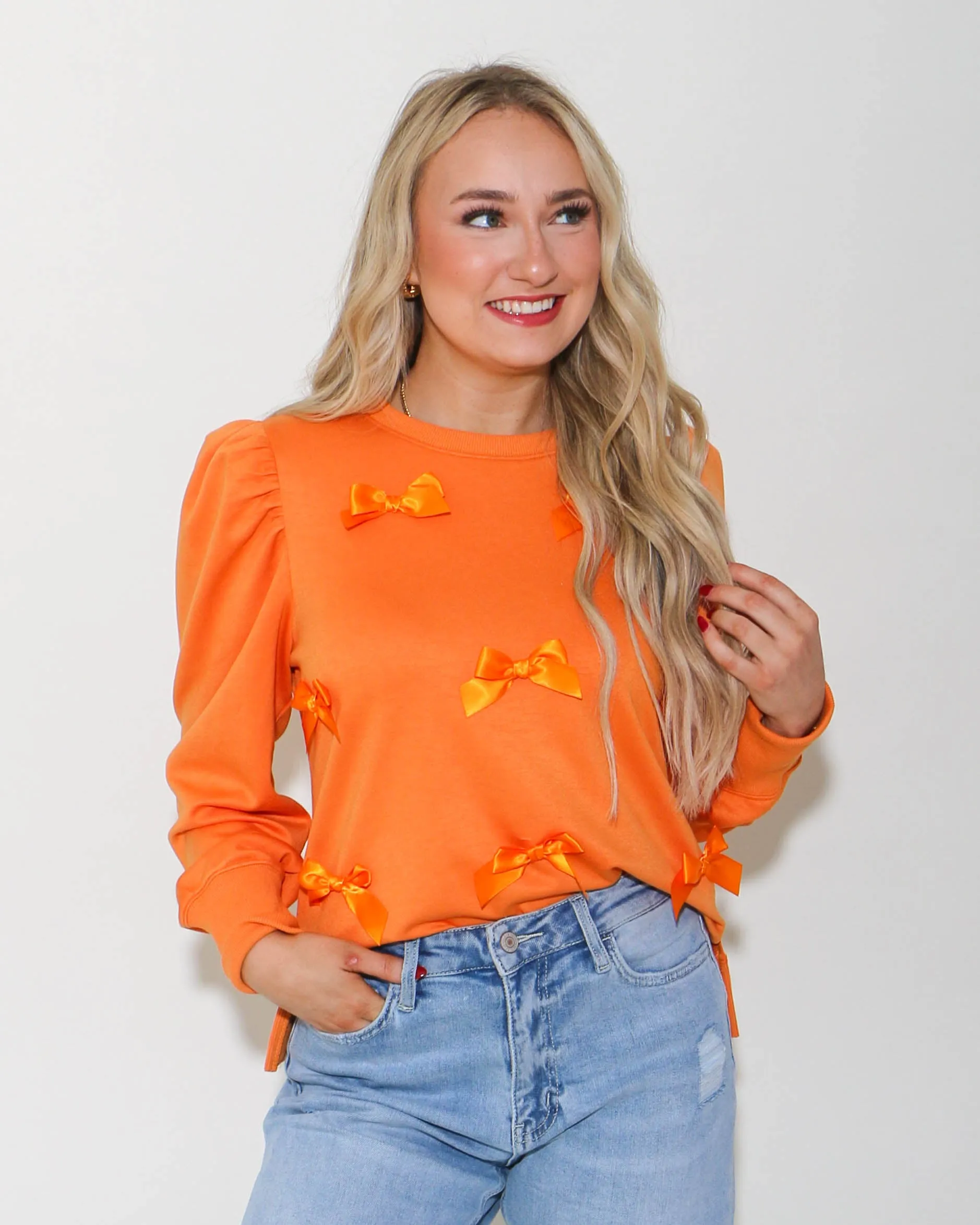 Solid Bow Ties Patch Sweatshirt Top in Orange