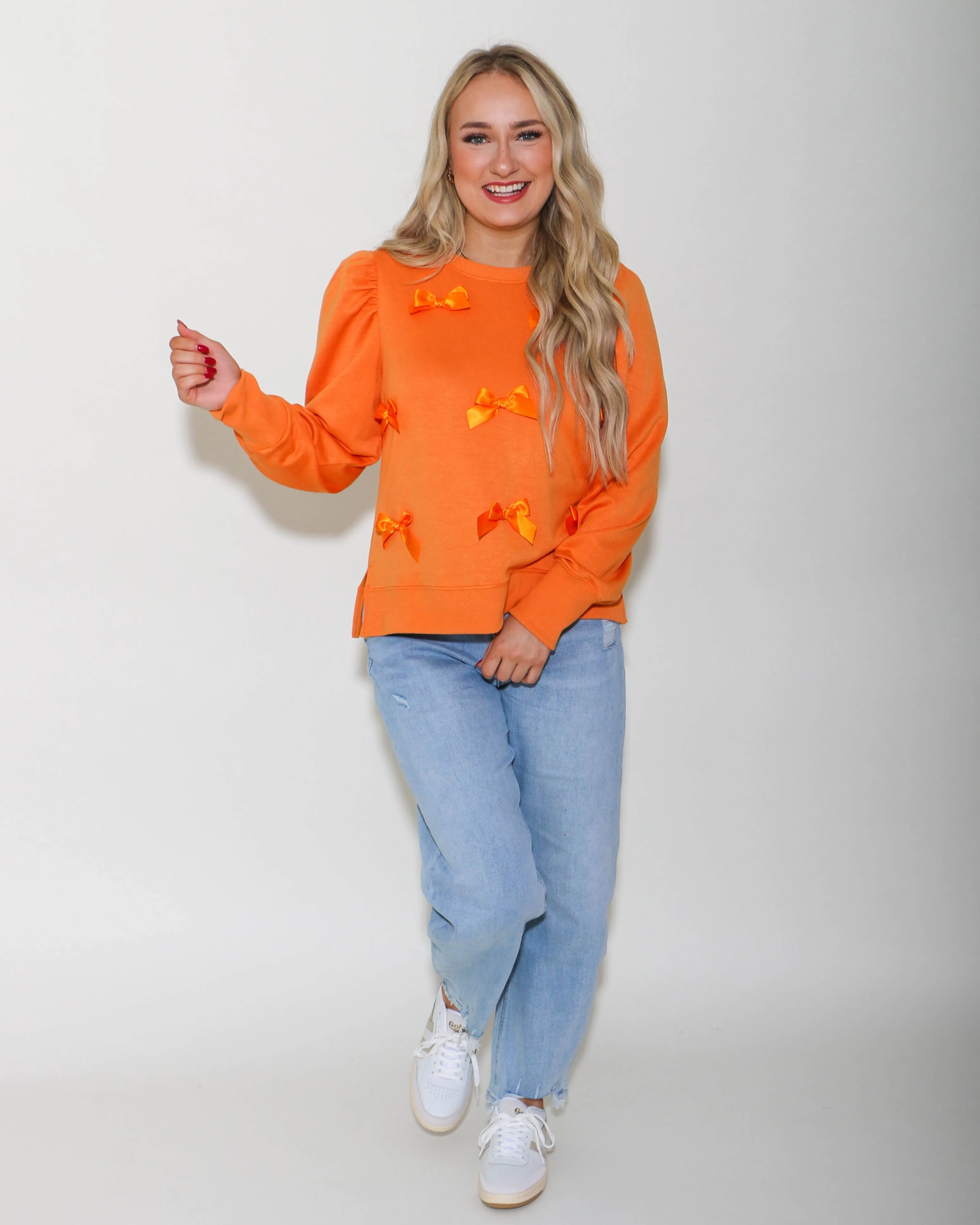 Solid Bow Ties Patch Sweatshirt Top in Orange