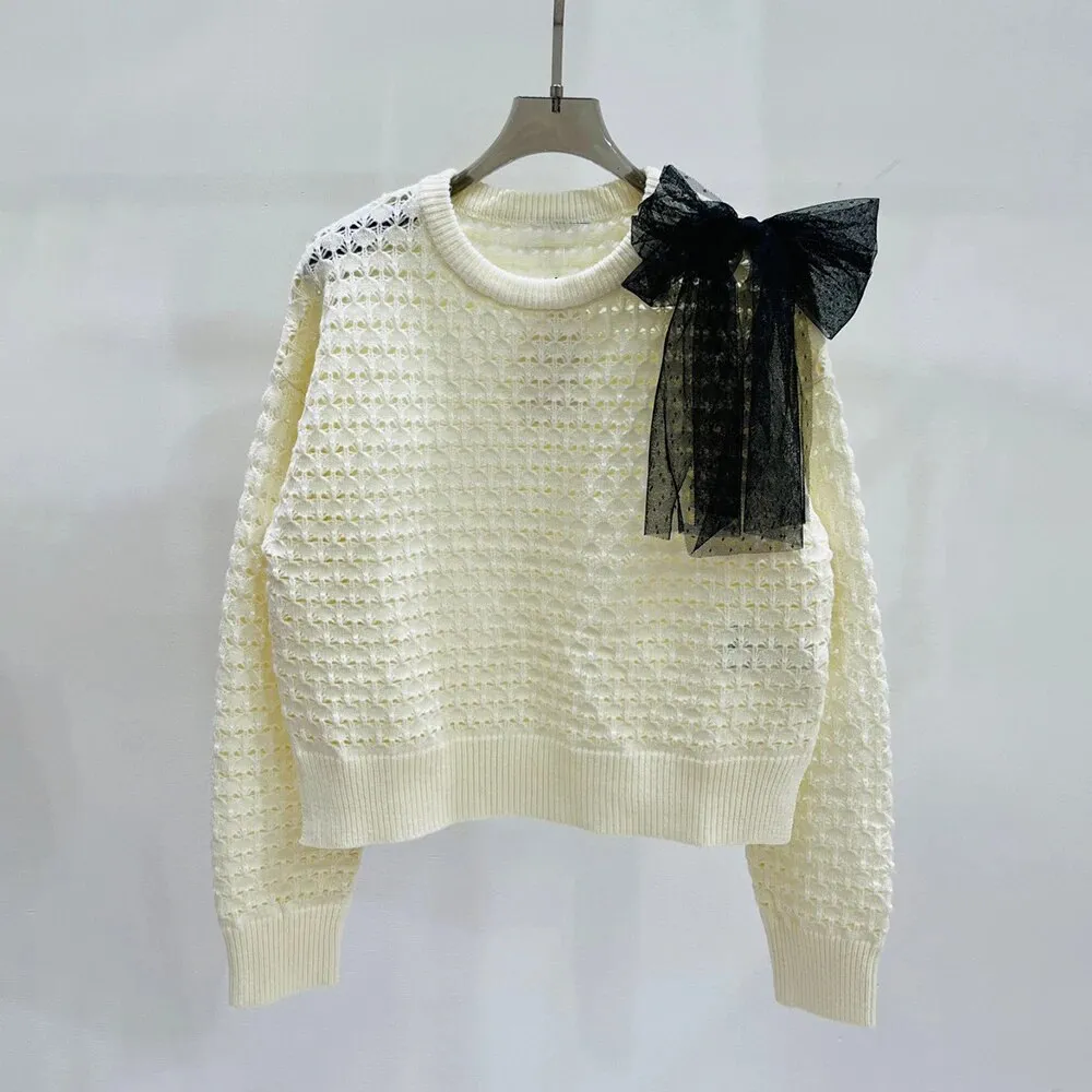 Solid Casual Knitting Sweaters For Women Round Neck Long Sleeves Patchwork Bow Elegant Temperament Sweater Female